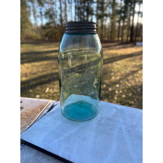 Antique Ball Triple L Half Gallon Aqua Mason Jar 1900–1910 Early Script Fruit Jar Ball Bros Glass Embossed Original Zinc Lid