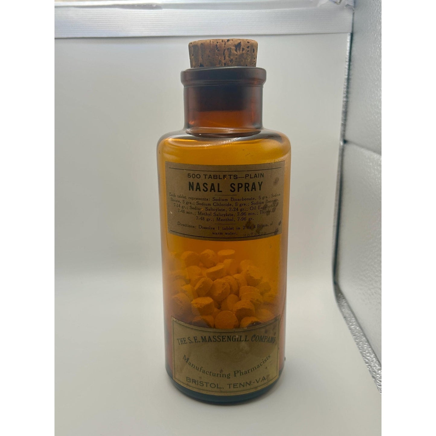 Antique Calcium Sulphide Medicine Bottle w/ Tablets & Cork, Amber