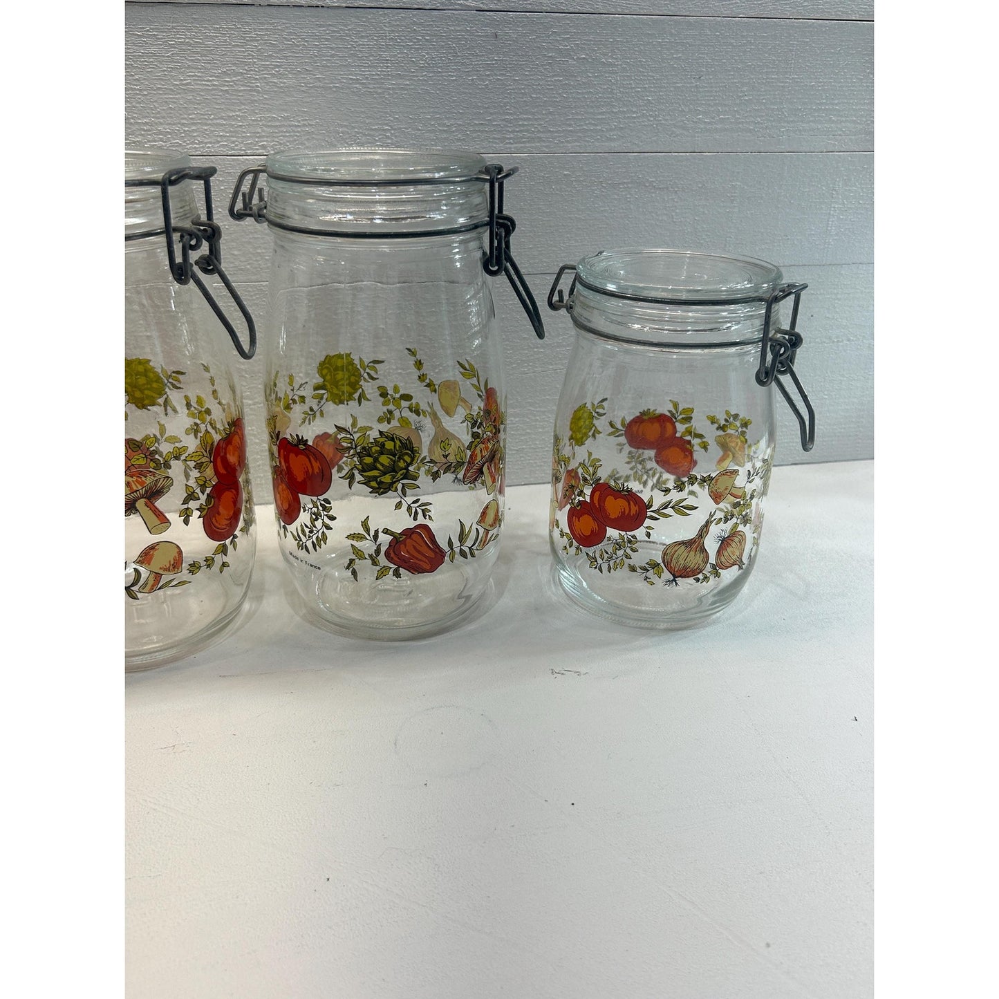 Vintage French Glass Canister Set with Wire Bail Lids, 1970s Mushroom Vegetable Print Kitchen Jars, Made in France, Farmhouse Pantry Storage