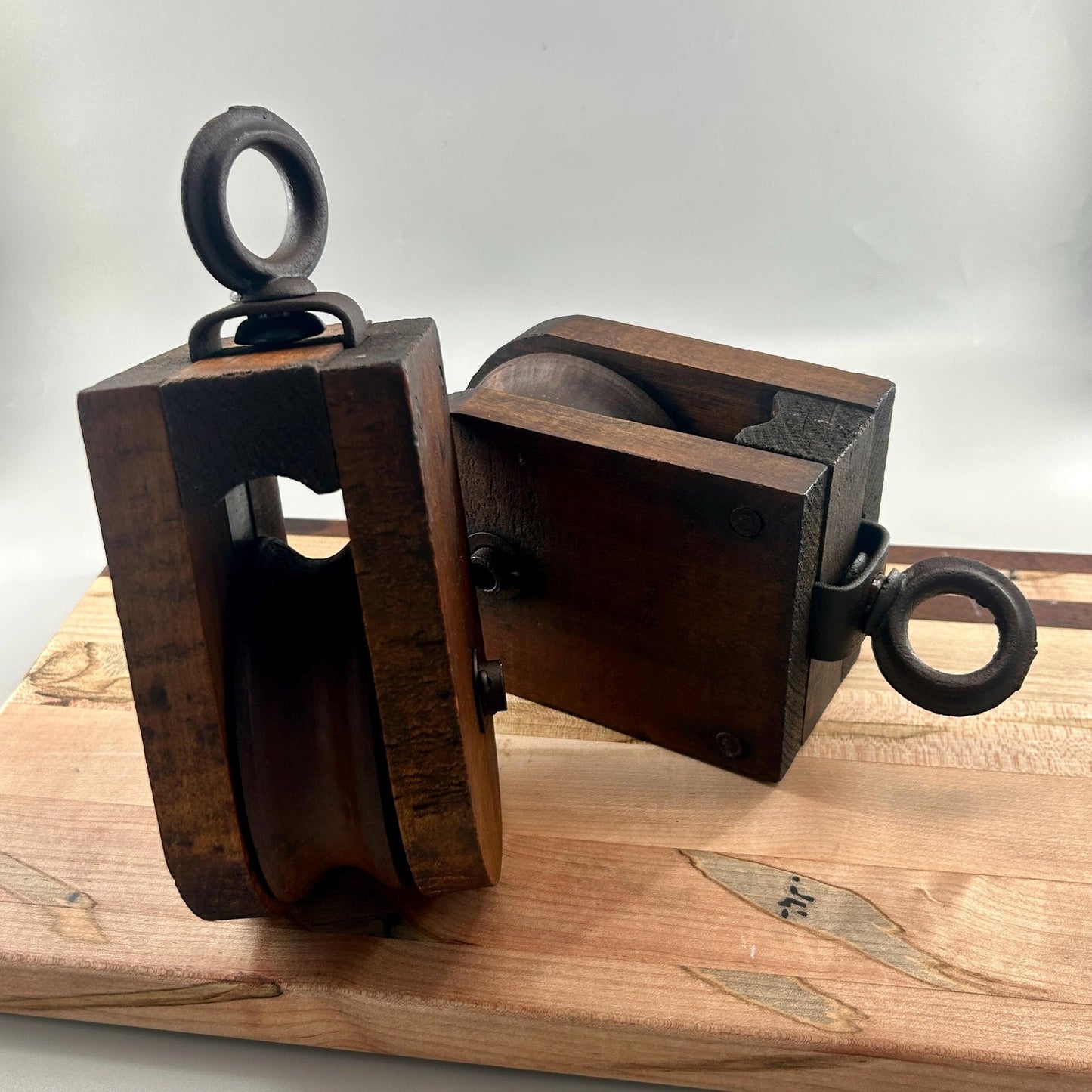 Antique Wooden Barn Pulley Block Pair Primitive Farm Hay Trolley Pulleys Rustic Industrial Farmhouse Decor Architectural Salvage