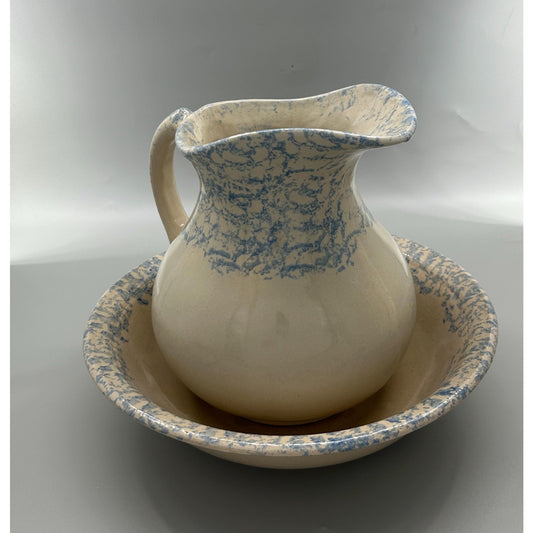 Robinson Ransbottom Blue Spongeware Pitcher and Bowl Set, RRP Pottery Stoneware Basin, Primitive Farmhouse Kitchen Decor, Rare
