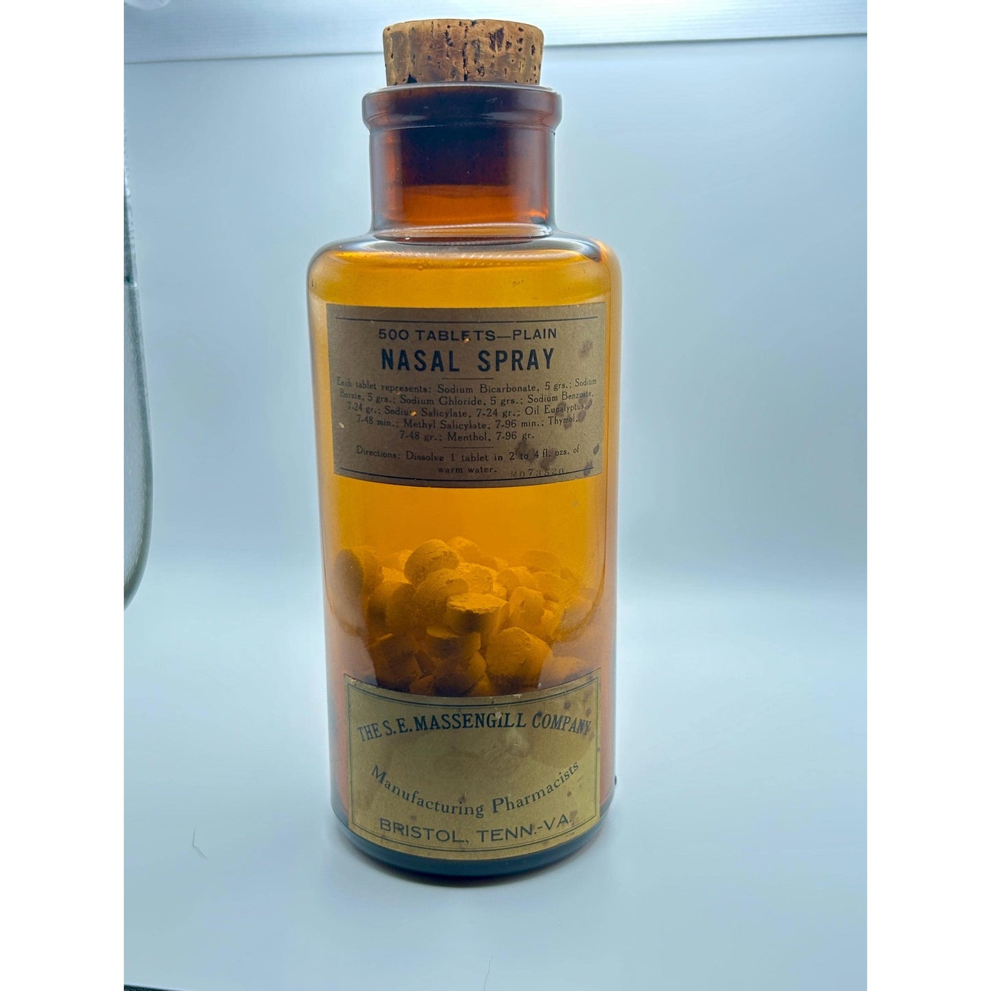 Antique Calcium Sulphide Medicine Bottle w/ Tablets & Cork, Amber