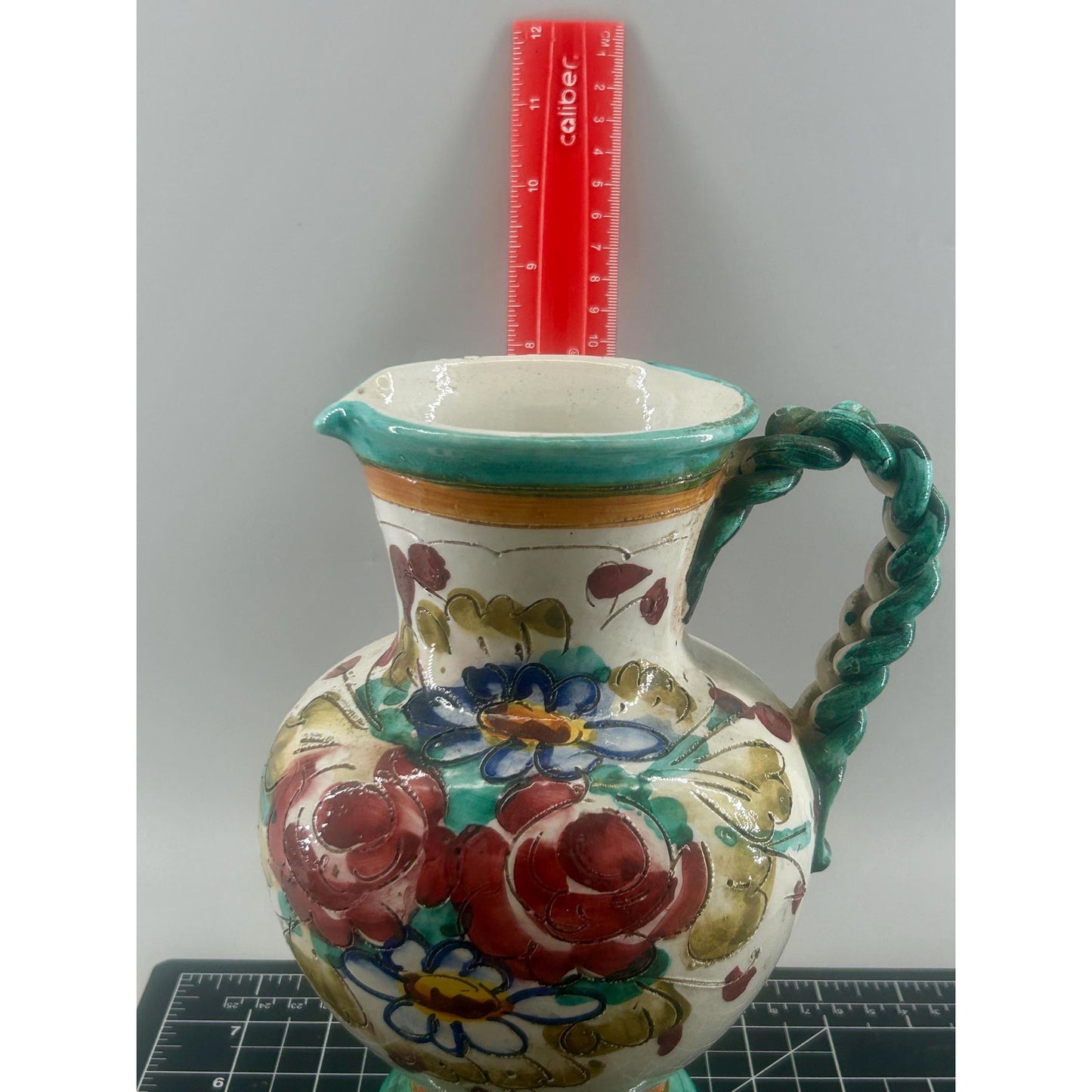 Vintage Hand Painted Spanish Talavera Style Faience Pitcher Twisted Handle Floral Pottery Jug