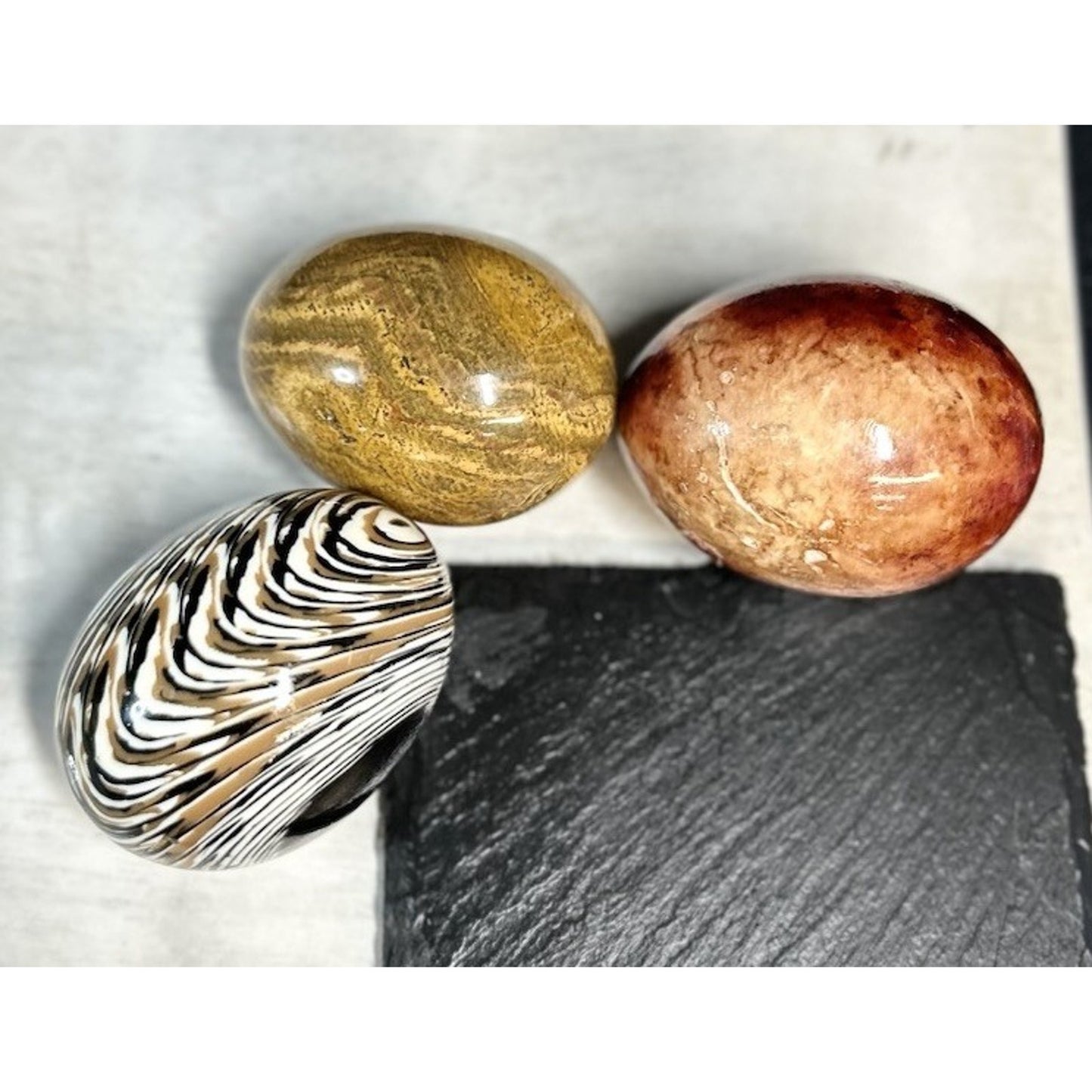 Set of 3 Polished Gemstone Eggs | Red Jasper, Yellow Jasper & Banded Agate | Healing Crystals, Mineral Decor, Collector Gift. STUNNING decor