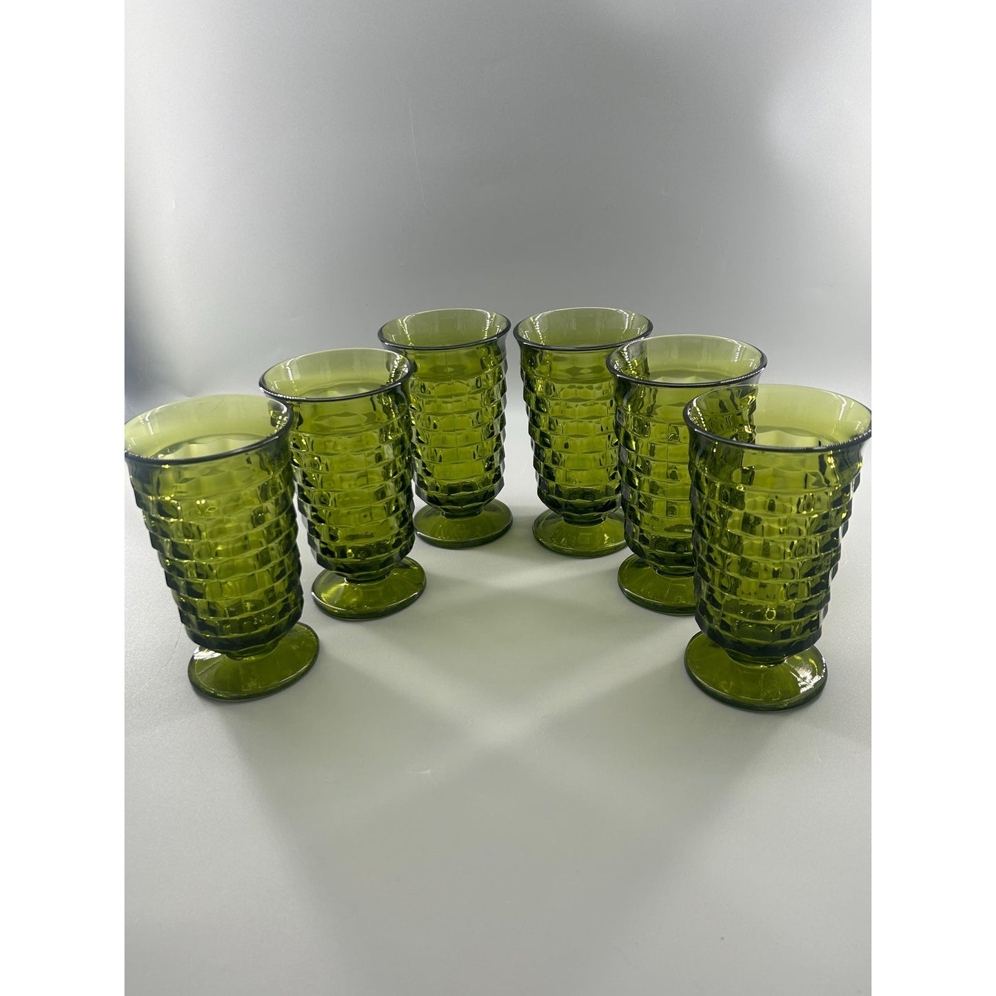 Vintage Indiana Glass Whitehall Cube Tumblers Set of 6 Avocado Green Footed Glasses Mid Century Barware Retro Drinkware