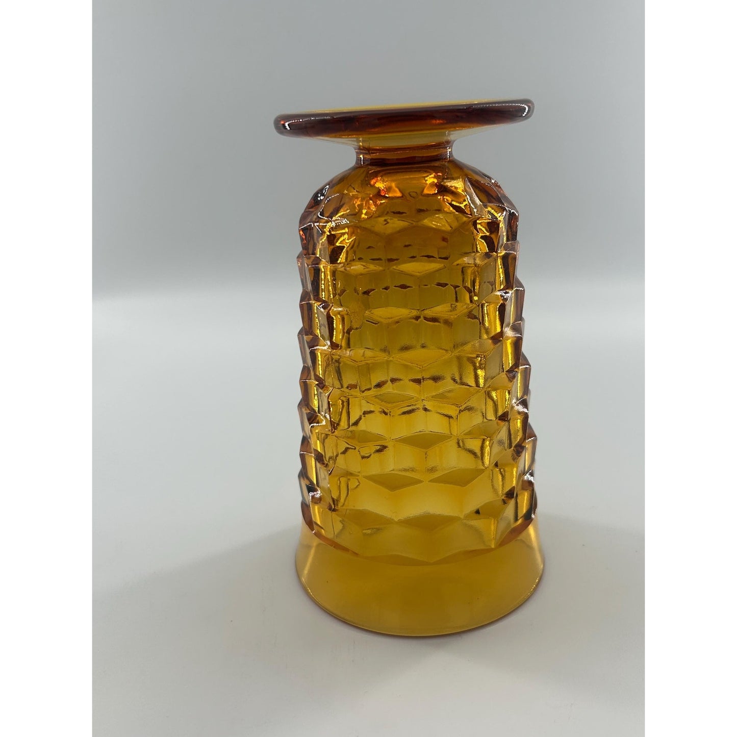 Mid Century Modern Amber Glass Vase | Tall Footed Diamond Pattern Vase | MCM Golden Yellow Art Glass Decor