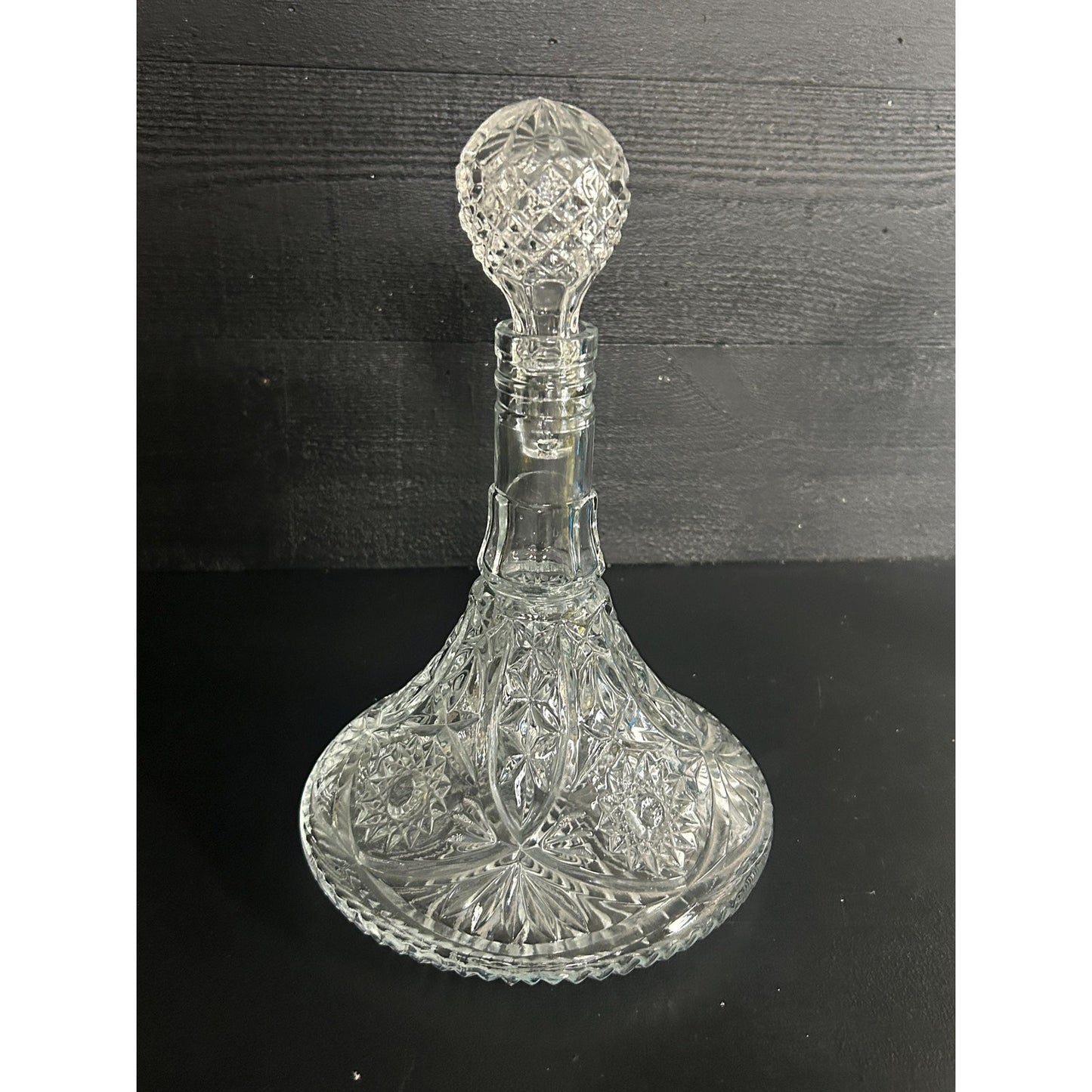 Vintage Cut Crystal Decanter with Stopper • Pressed Glass Starburst Pattern • Heavy Clear Barware • Mid-Century Liquor Whiskey Wine Bottle