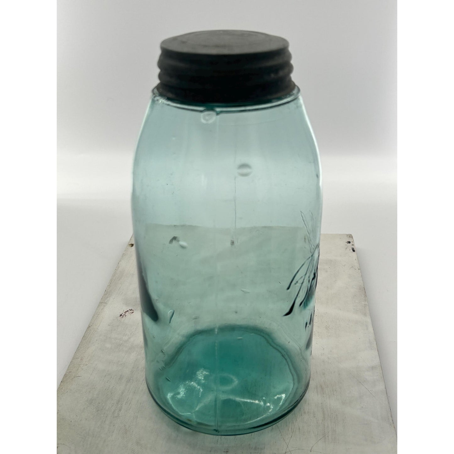 Antique Ball Mason Half Gallon Aqua Blue Triple L Script 1910–1923 Shoulder Seal Zinc Lid Large Early Collector Fruit Jar. Underlined Script
