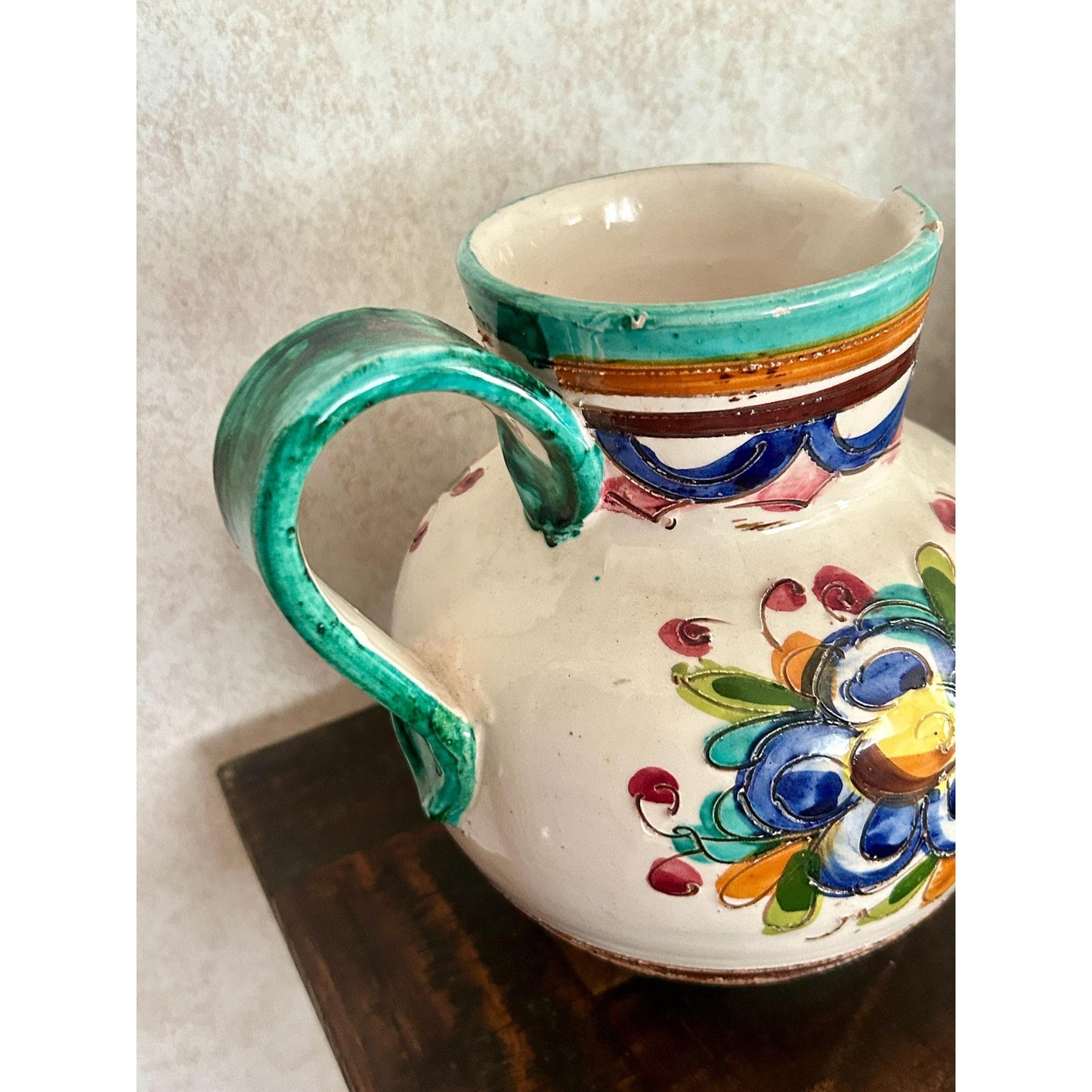 Vintage Spanish Talavera Faience Pottery Pitcher Hand Painted Floral Ceramic Jug Majolica