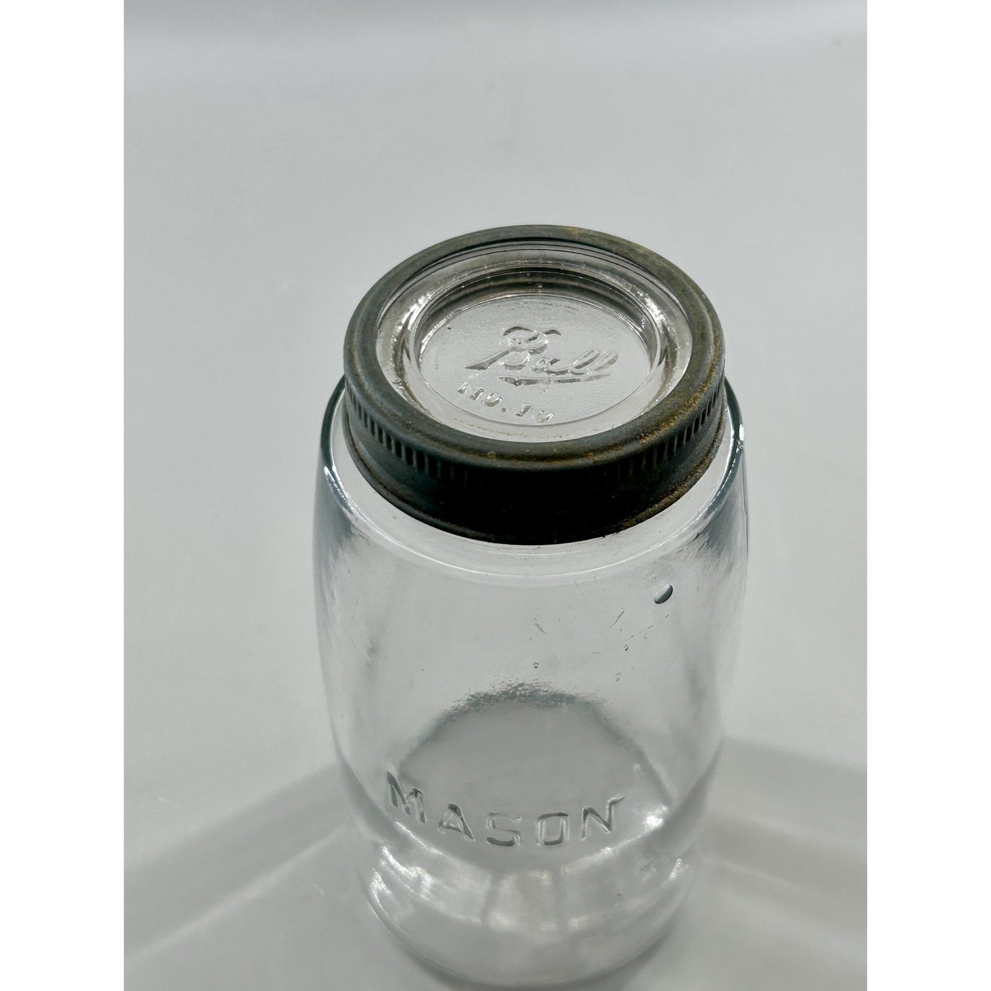Vintage Mason Quart Fruit Jar Straight Line Clear Glass w/ Ball No. 10 Glass Lid. Gorgeous crisp embossing . With glass bubbles