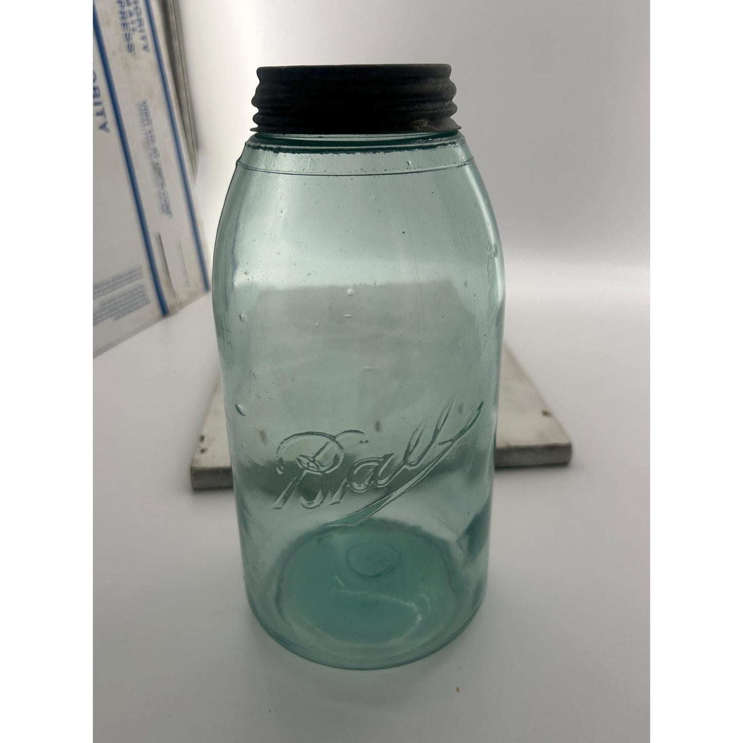 Antique Ball Triple L Half Gallon Aqua Mason Jar 1900–1910 Early Script Ball Bros Original Zinc Lid