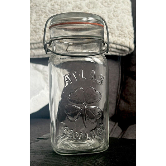 Vintage Atlas Good Luck Clover Mason Jar — ½-Gallon SQUARE Wire-Bail Form — Clear Glass with Original Lid & Gasket