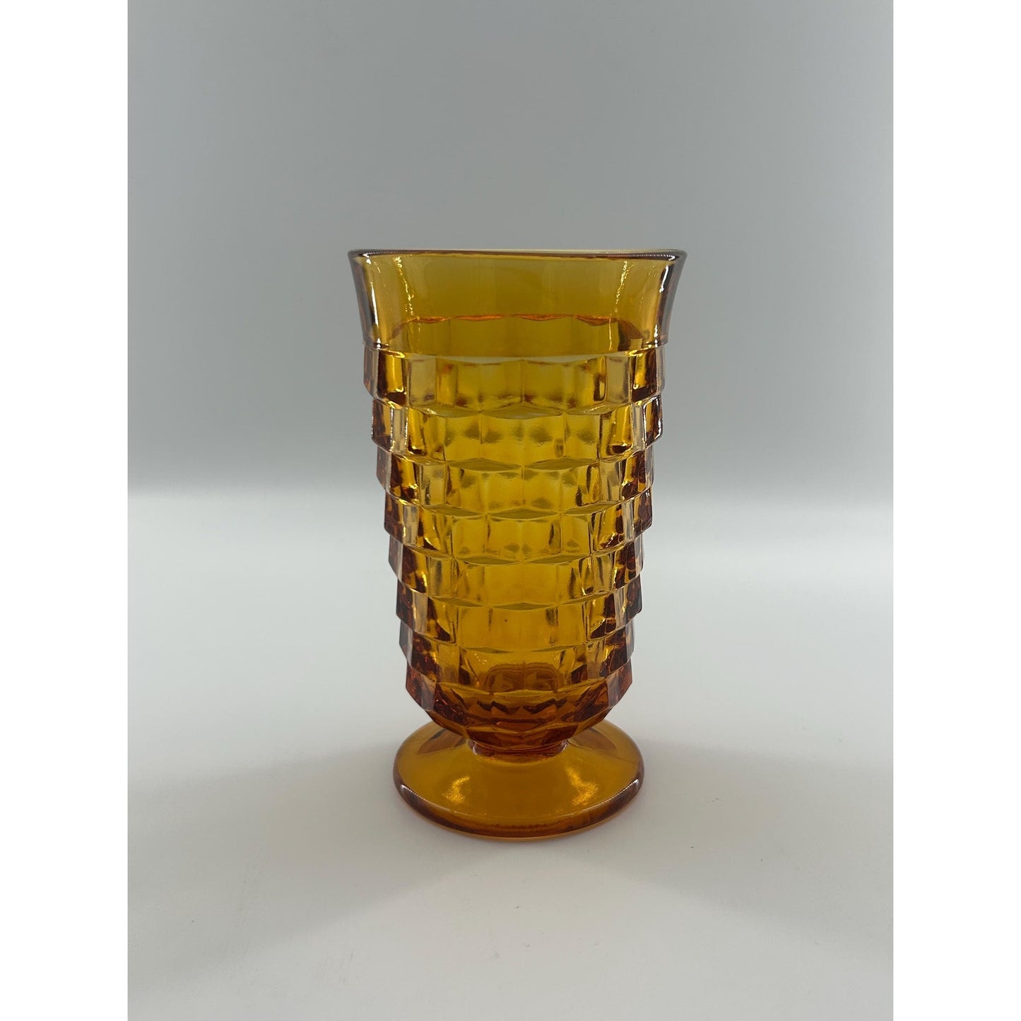 Mid Century Modern Amber Glass Vase | Tall Footed Diamond Pattern Vase | MCM Golden Yellow Art Glass Decor