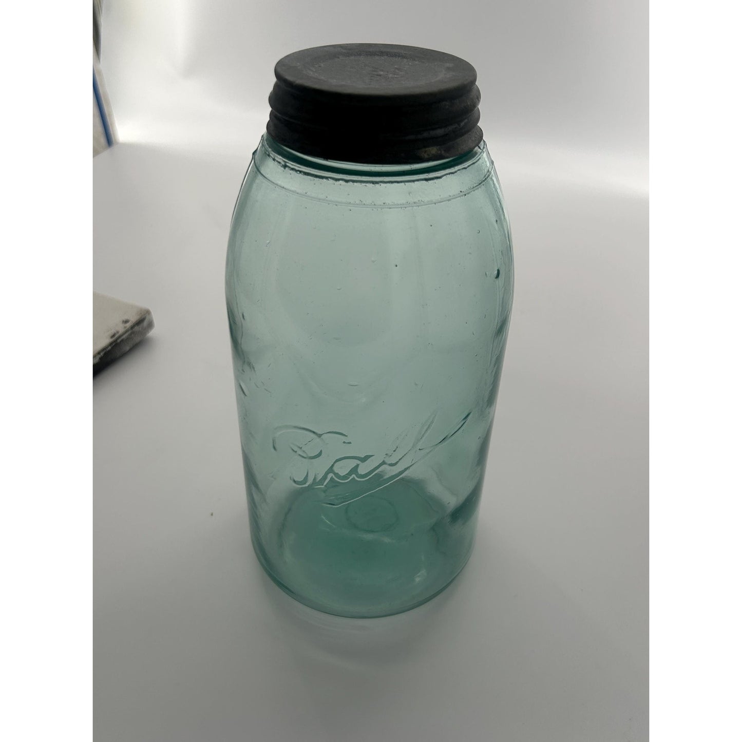 Antique Ball Triple L Half Gallon Aqua Mason Jar 1900–1910 Early Script Ball Bros Original Zinc Lid