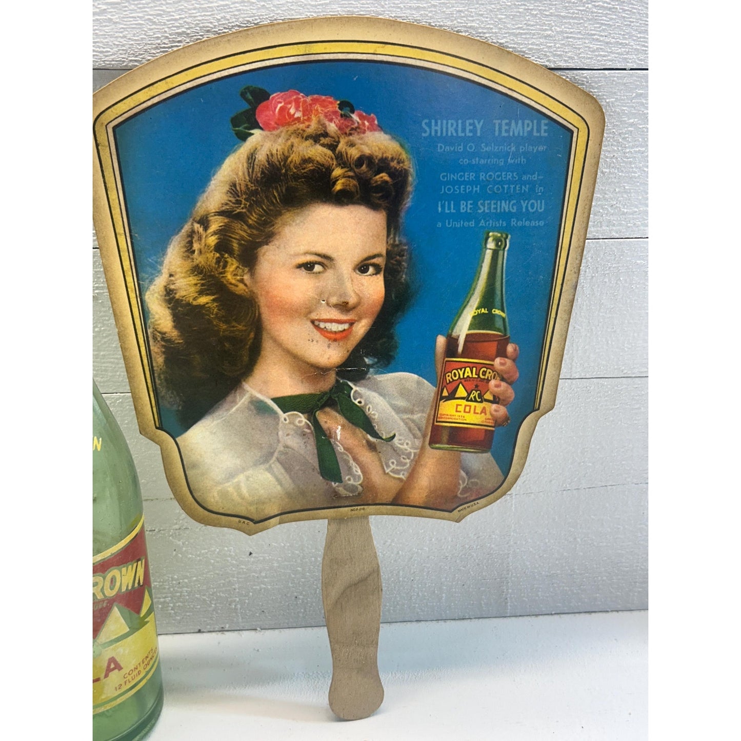 Vintage RC Royal Crown Cola Bottle & Shirley Temple Advertising Fan – 1930s 1940s Soda Memorabilia Lot – Nehi Cola Advertising Collectibles