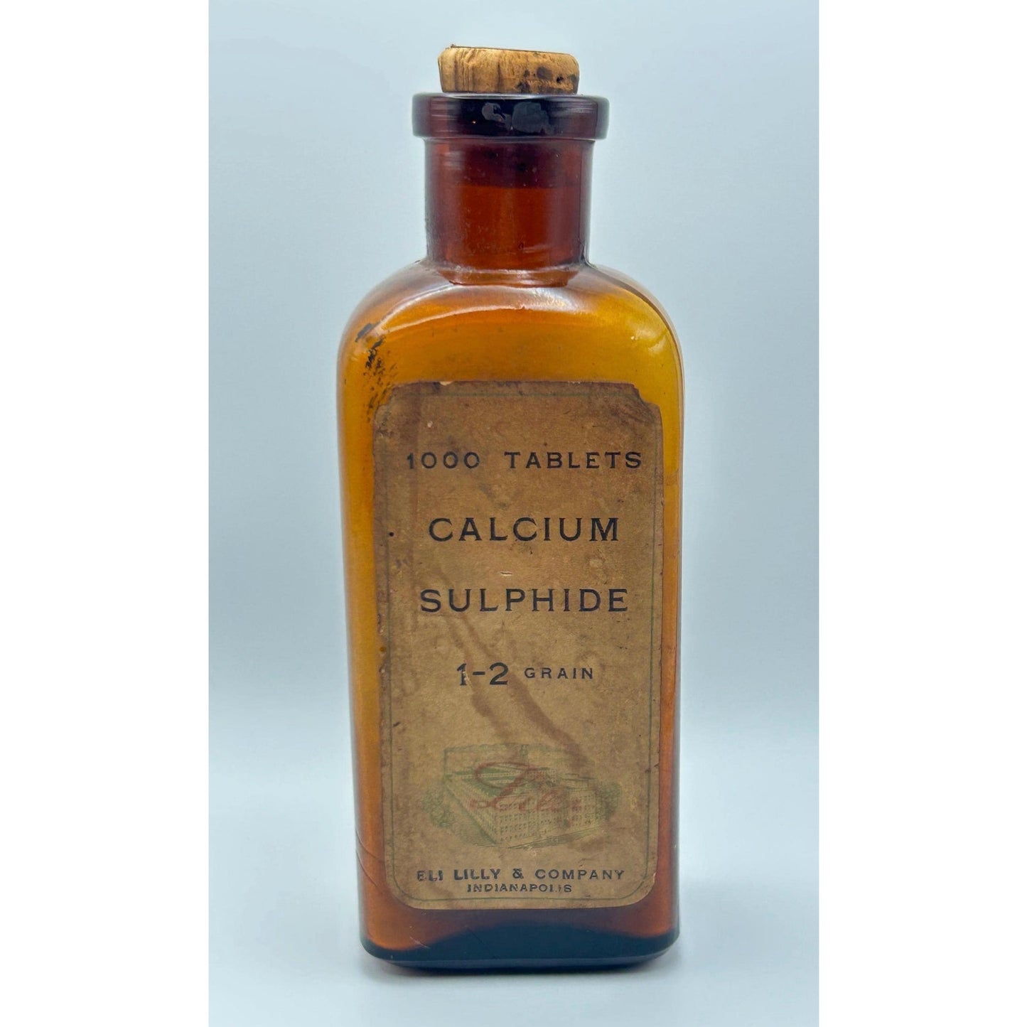 Antique Eli Lilly Calcium Sulphide Tablet Bottle w/ Original Contents & Cork