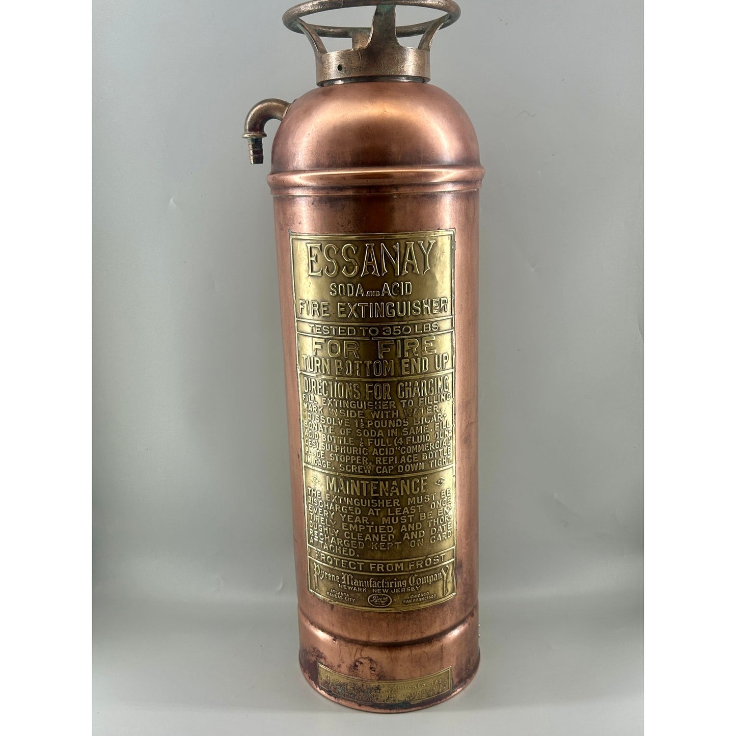 Antique ESSANAY Soda-Acid Fire Extinguisher c.1910s – Solid Copper & Brass – Complete Original Components – Collector Grade. Industrial