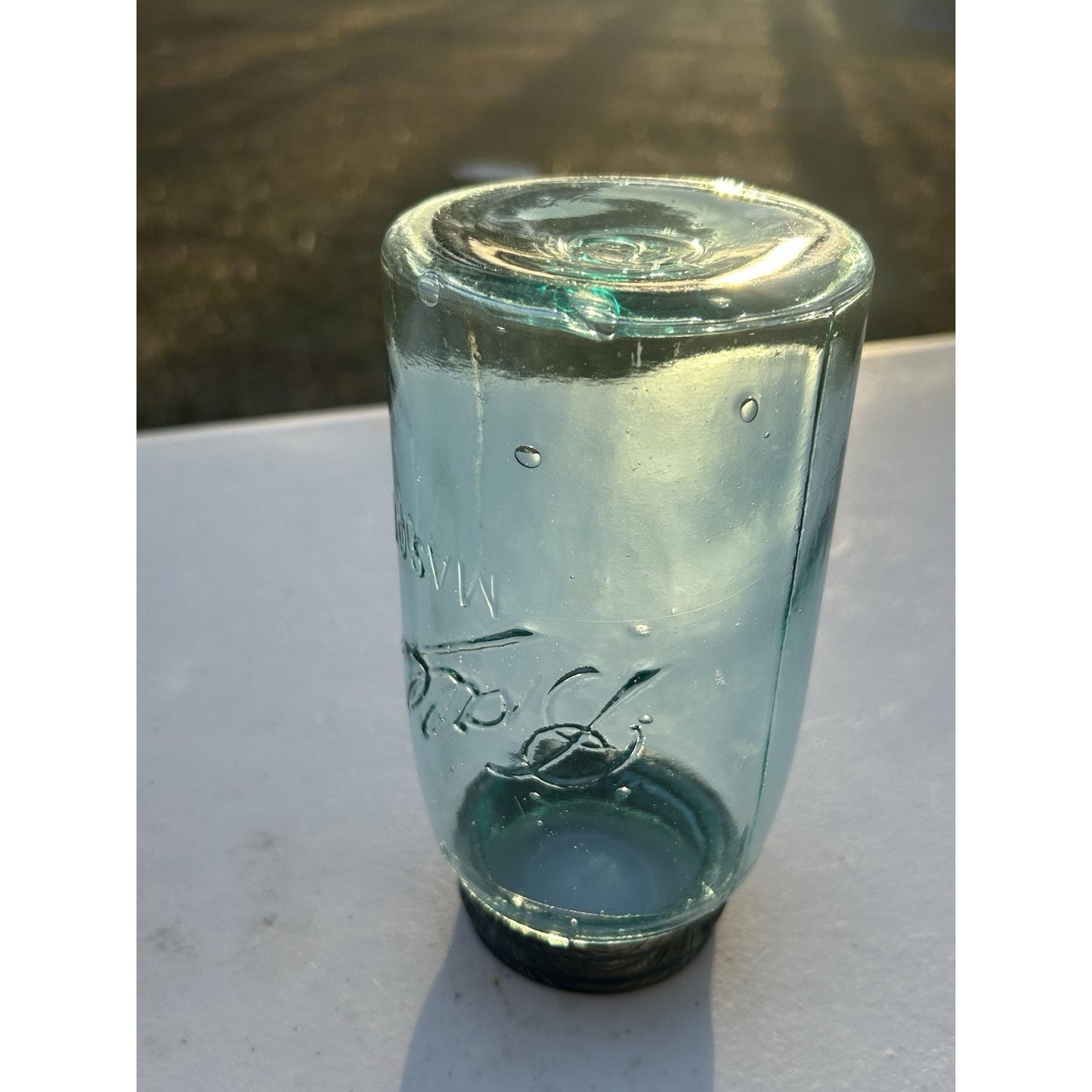 Ball Triple L 1900-1910 aqua blue quart jar side view bubbles