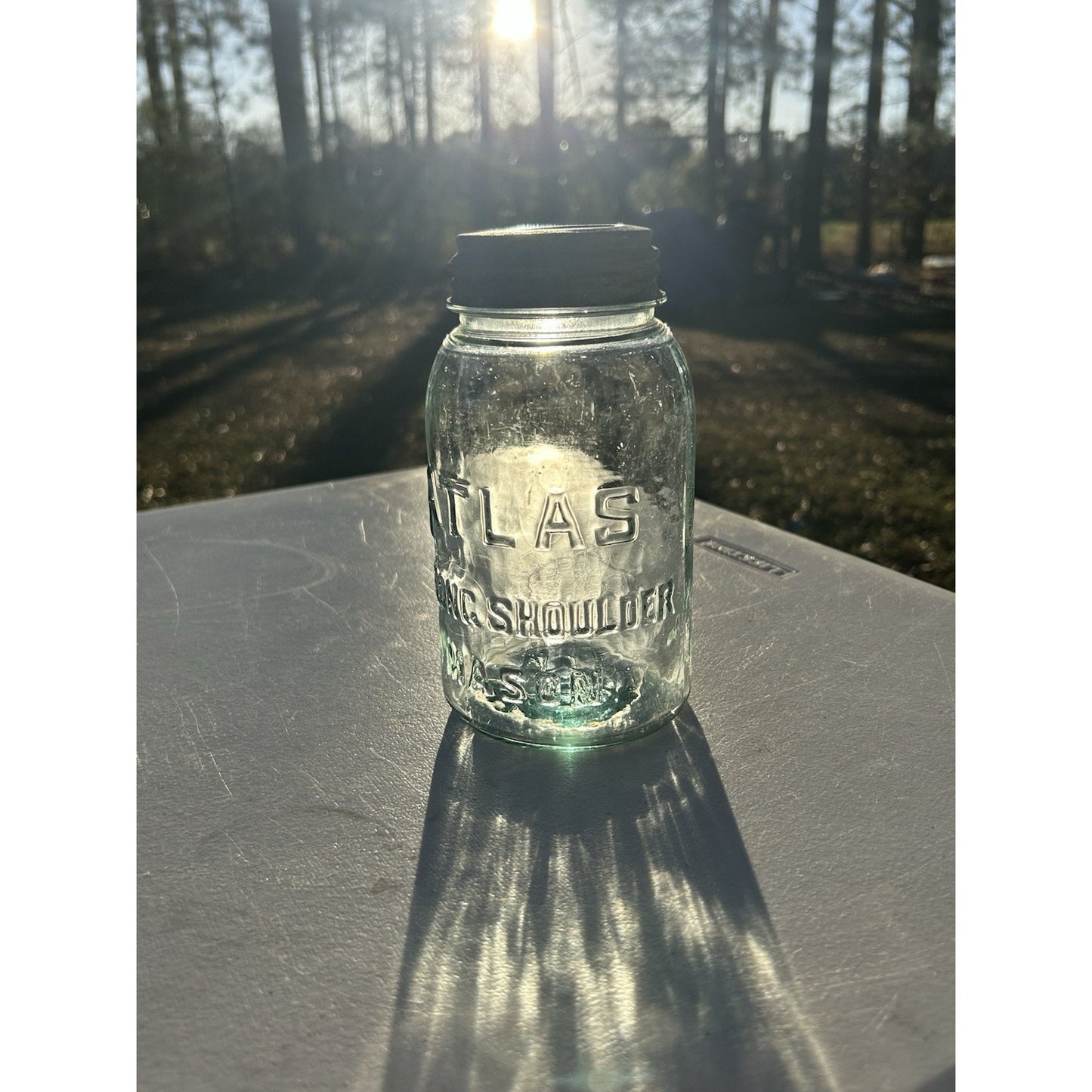 Antique Atlas Strong Shoulder Quart Canning Jar — Light Cornflower Blue — Seed Bubble Glass — Rare Color Variant