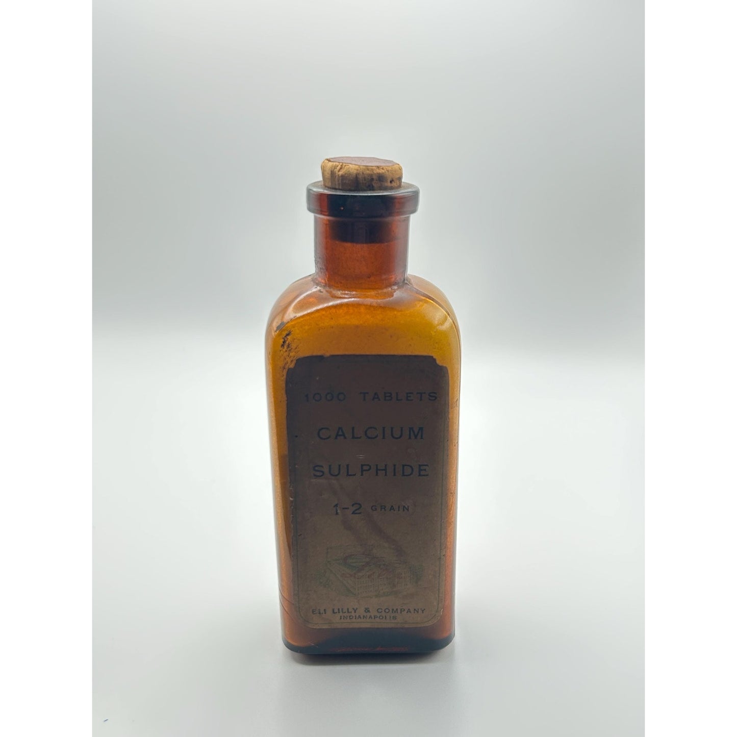 Antique Eli Lilly Calcium Sulphide Tablet Bottle w/ Original Contents & Cork