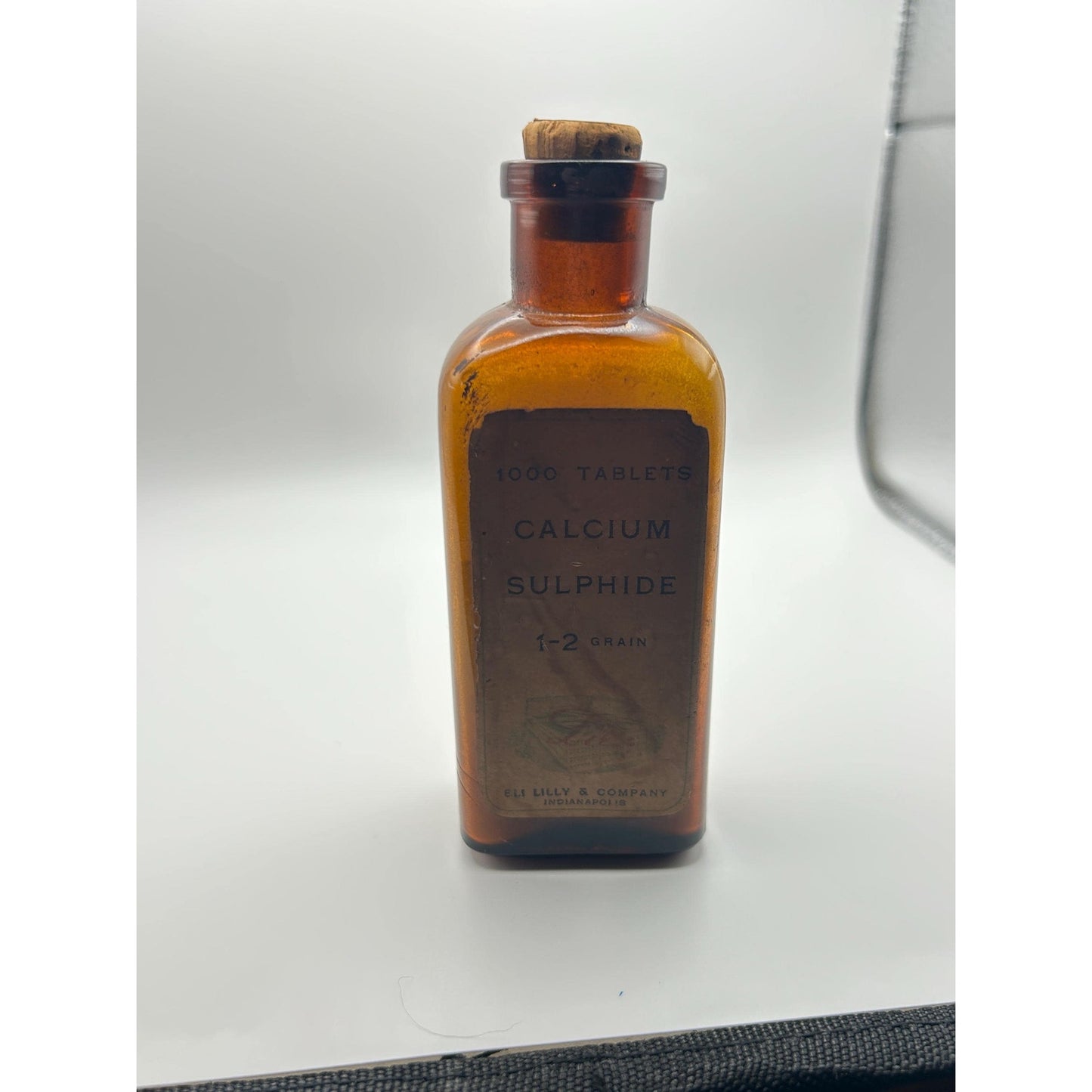 Antique Eli Lilly Calcium Sulphide Tablet Bottle w/ Original Contents & Cork