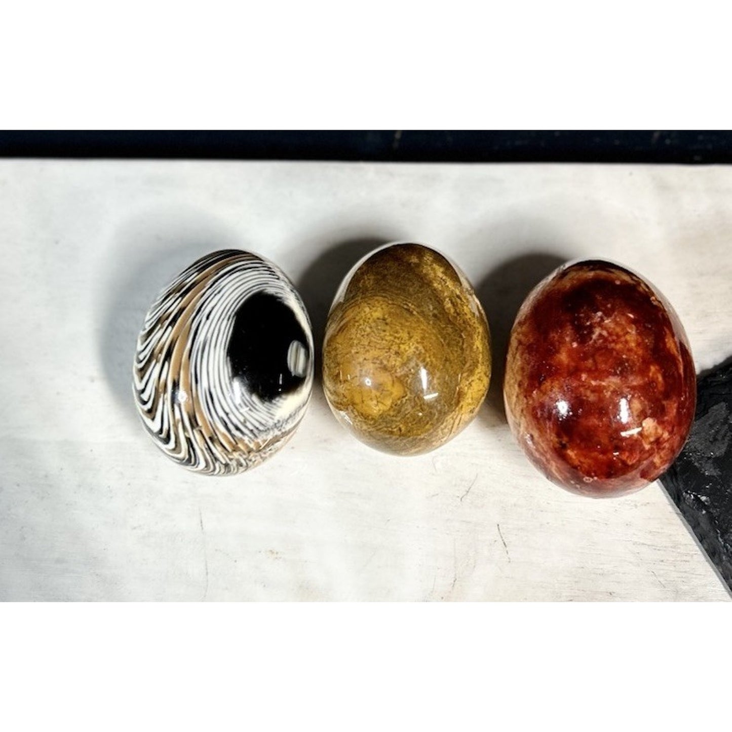 Set of 3 Polished Gemstone Eggs | Red Jasper, Yellow Jasper & Banded Agate | Healing Crystals, Mineral Decor, Collector Gift. STUNNING decor