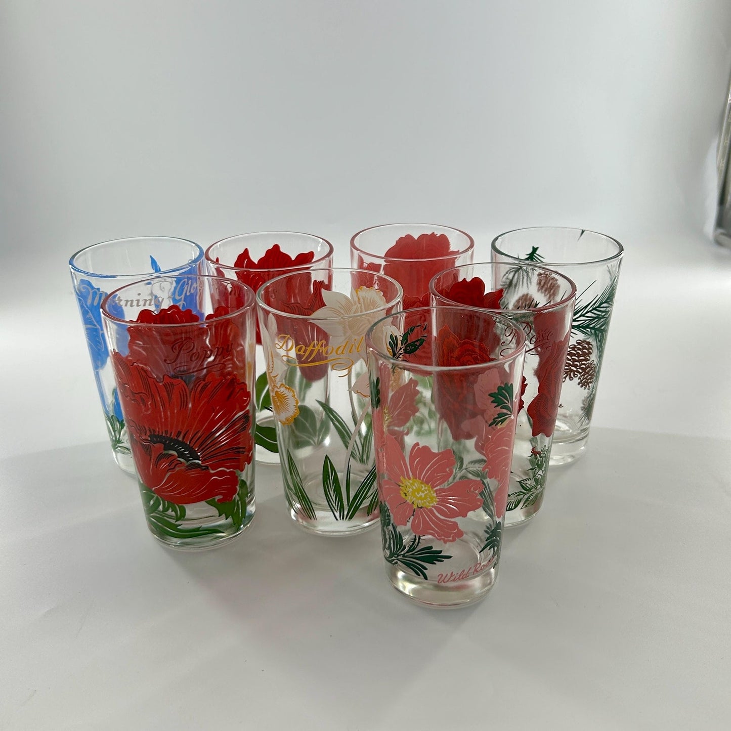 Vintage Federal Glass Floral Tumbler Set of 8 Mid Century Drinking Glasses Poppy Rose Daffodil Retro Barware MCM USA
