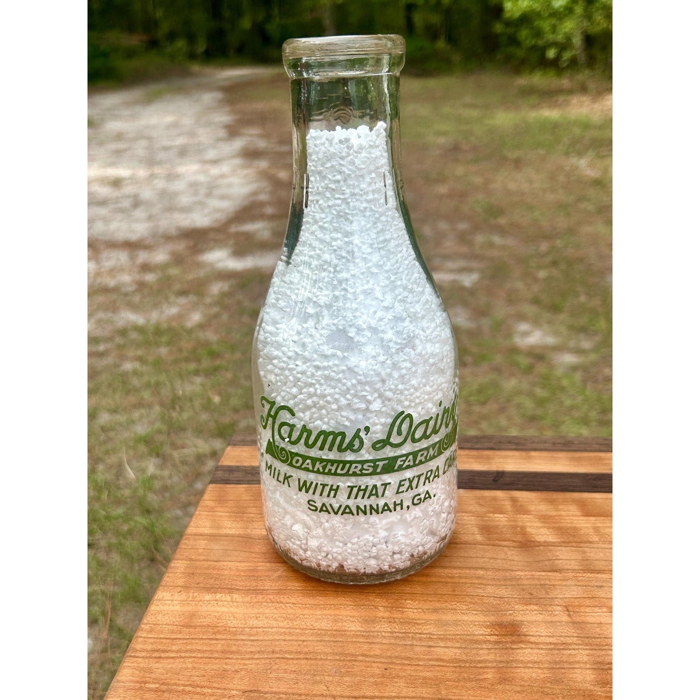 1944 Vintage Harms Dairy Oakhurst Farm Savannah GA Quart Milk Bottle Green ACL Family Graphic