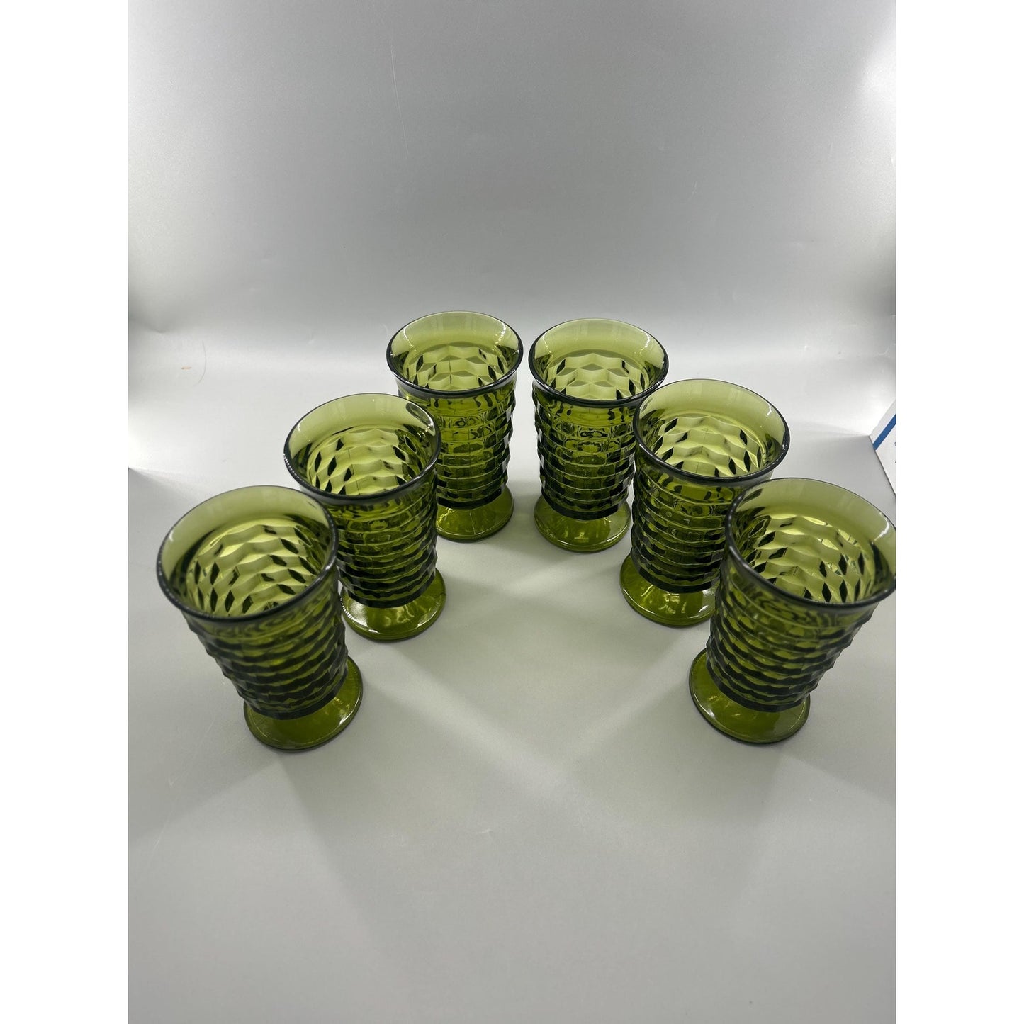 Vintage Indiana Glass Whitehall Cube Tumblers Set of 6 Avocado Green Footed Glasses Mid Century Barware Retro Drinkware