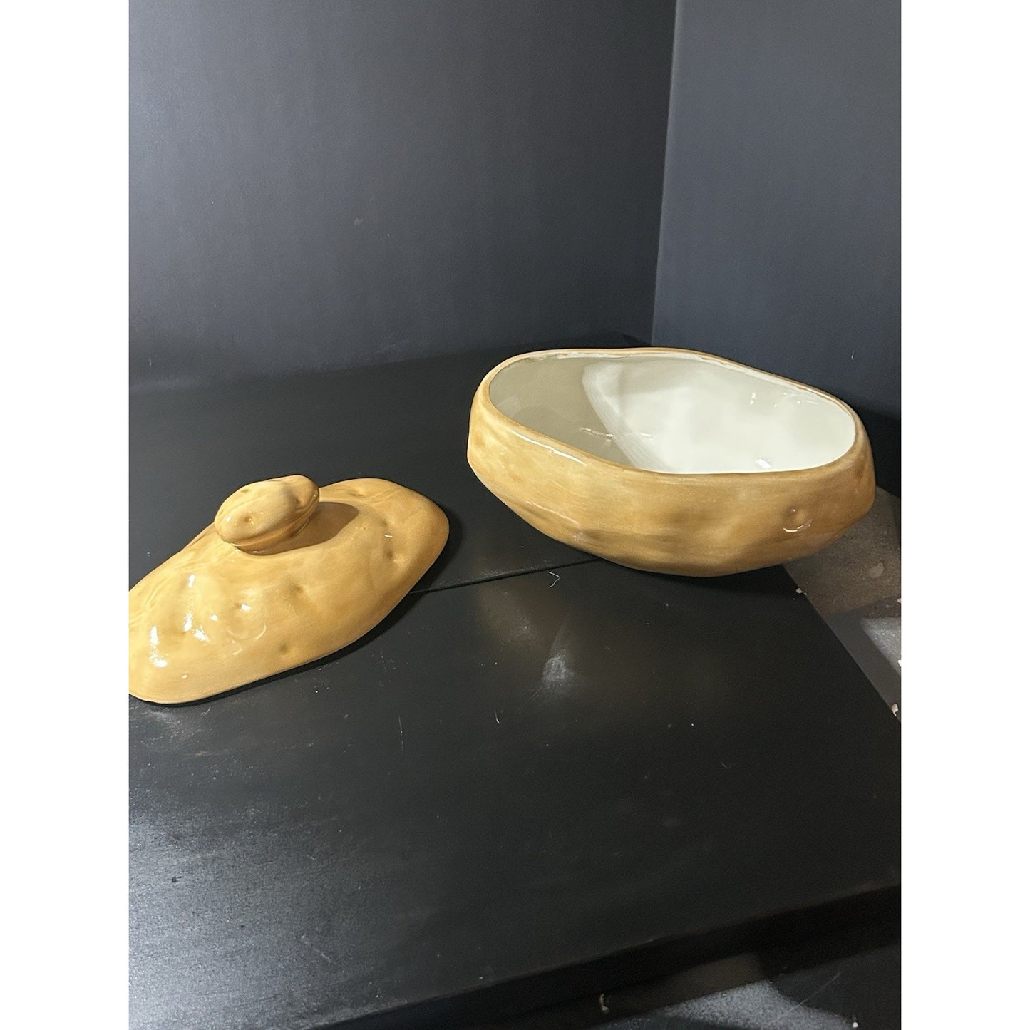 Vintage Ceramic Potato Dish Atlantic Mold Signed E. Flagg 1982 Lidded Server