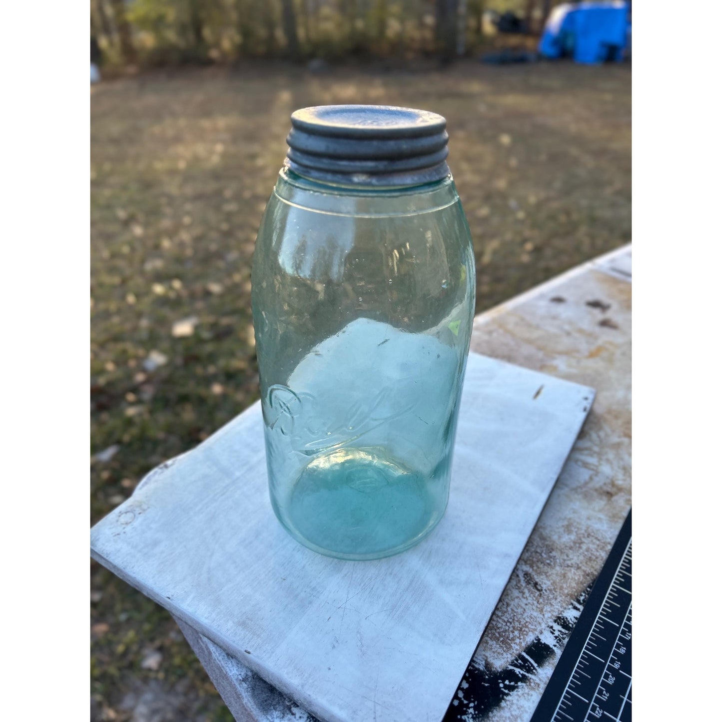 Antique Ball Triple L Half Gallon Aqua Mason Jar 1900–1910 Early Script Ball Bros Original Zinc Lid