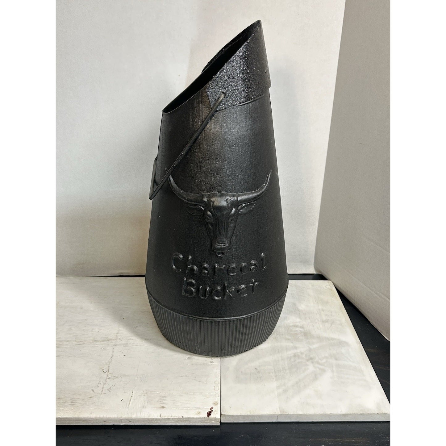 Vintage MCM Longhorn Steer Charcoal Bucket — Black Plastic — Cleaned & Refreshed — Western Decor