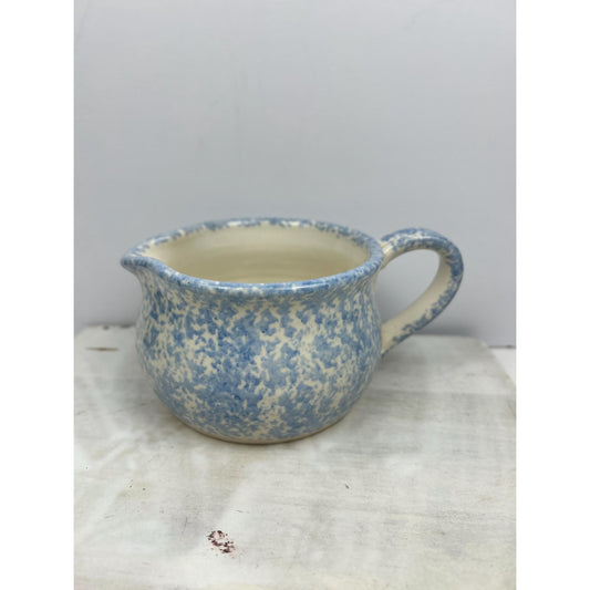 Handmade Chipman Blue Spongeware Pitcher – Large Rustic Farmhouse Stoneware Jug – Primitive Country Cottage Pottery – Speckled Blue Decor