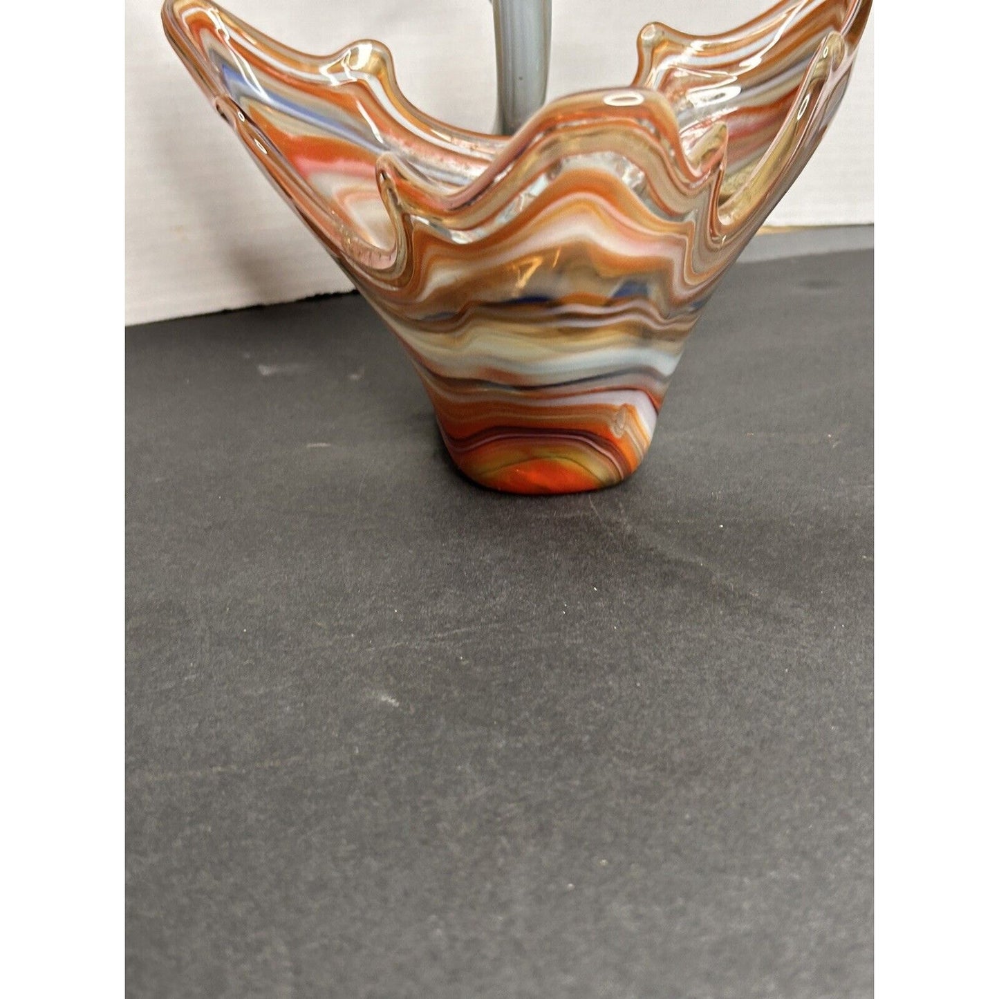 Vintage MCM Handmade Murano Style Art Glass Blue/Orange Swirl Swan Candy Dish