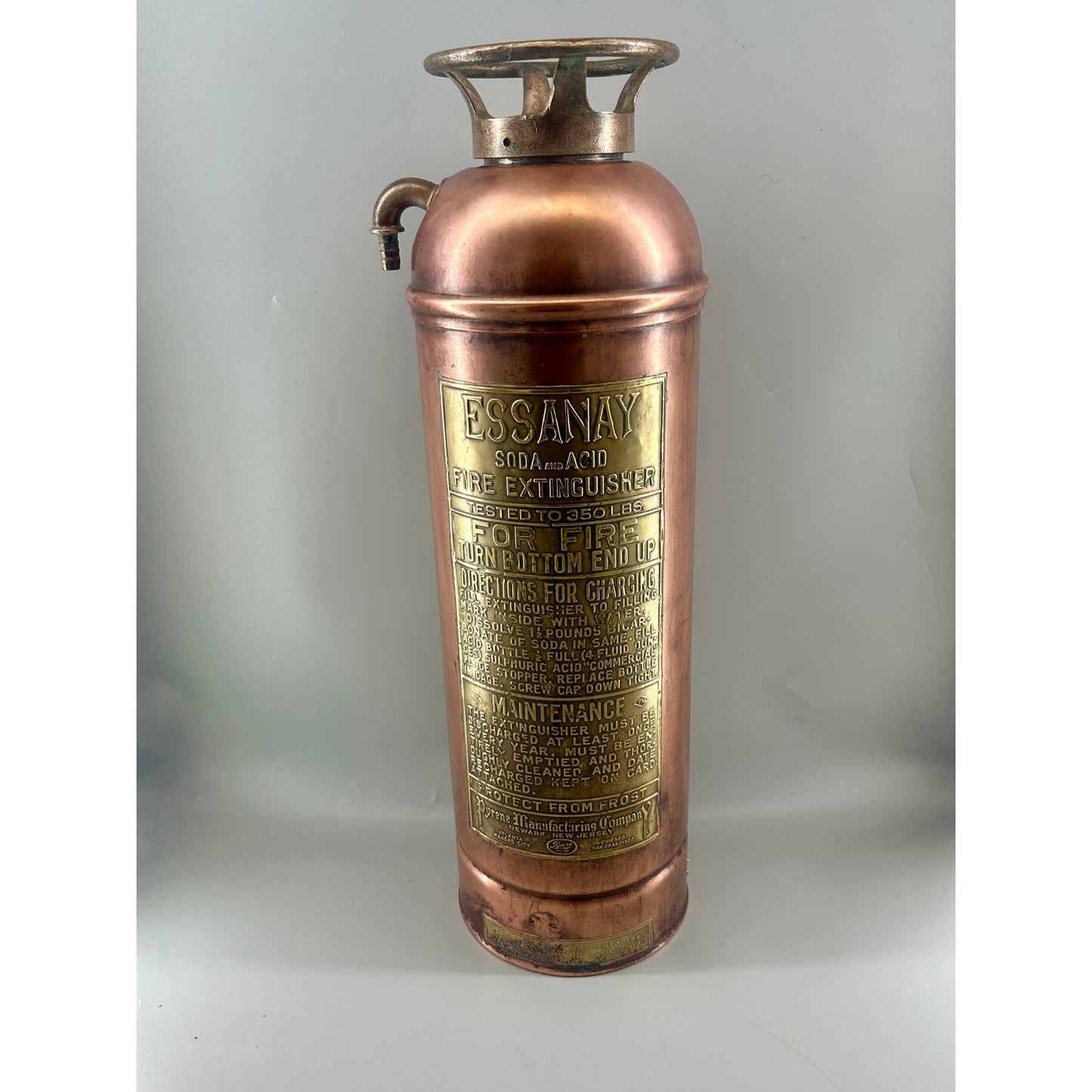 Antique ESSANAY Soda-Acid Fire Extinguisher c.1910s – Solid Copper & Brass – Complete Original Components – Collector Grade. Industrial