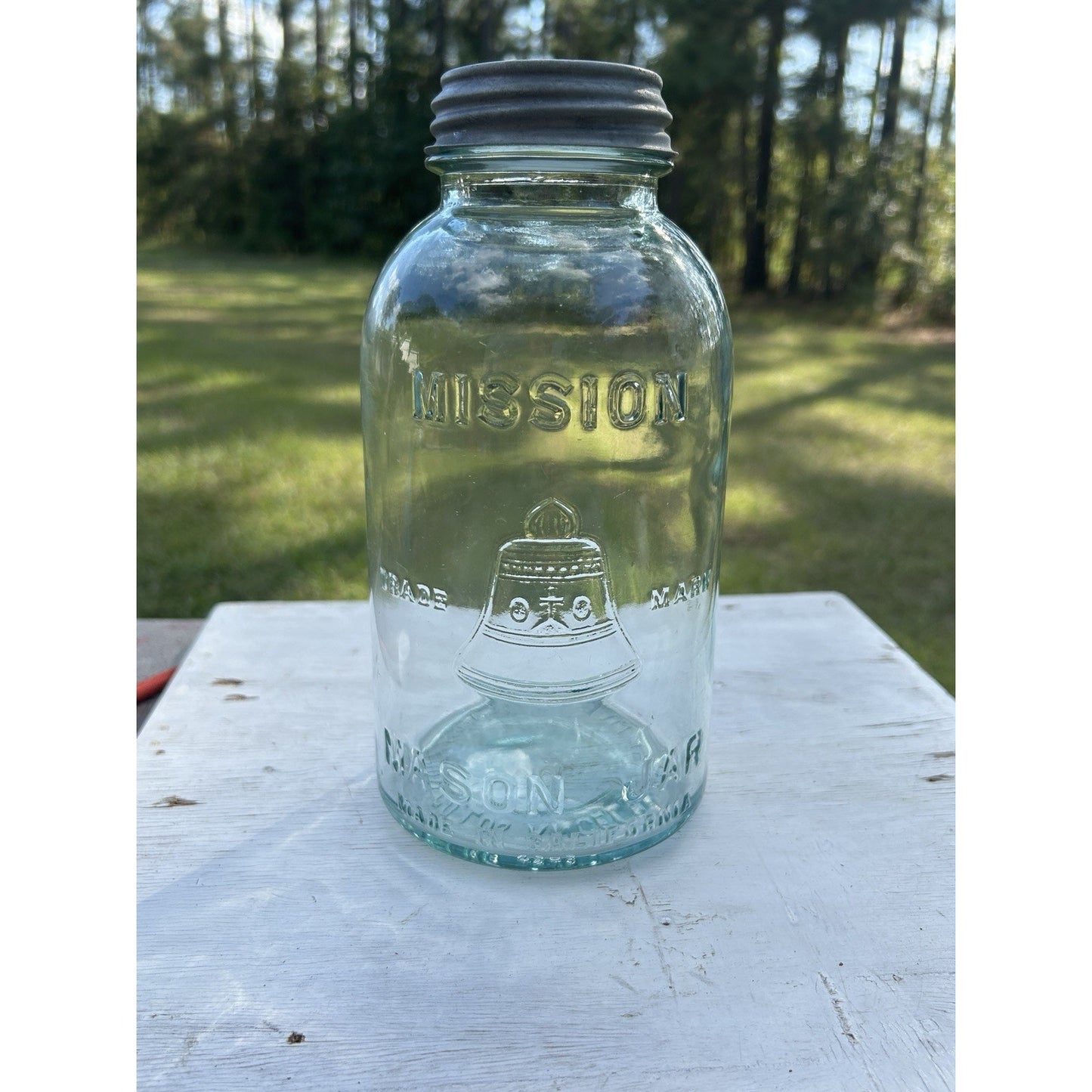 Rare Half Gallon Mission Bell Mason Jar Aqua WJ Latchford Los Angeles CA Antique