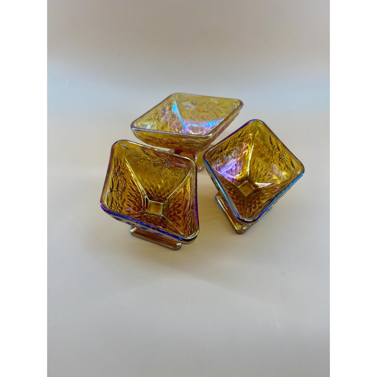 Vintage Marigold Carnival Glass Pedestal Bowls Set of 3 Iridescent Amber Pressed Glass Dessert Bowls Footed Carnival Glass Candy Dish Set