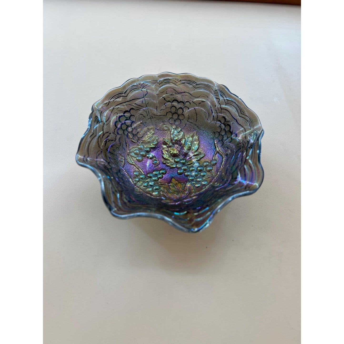 Antique Imperial Carnival Glass Grape & Cable Ruffled Bowl • Amethyst Iridescent Pressed Glass Berry Dish • Early 1900s Vintage Carnival