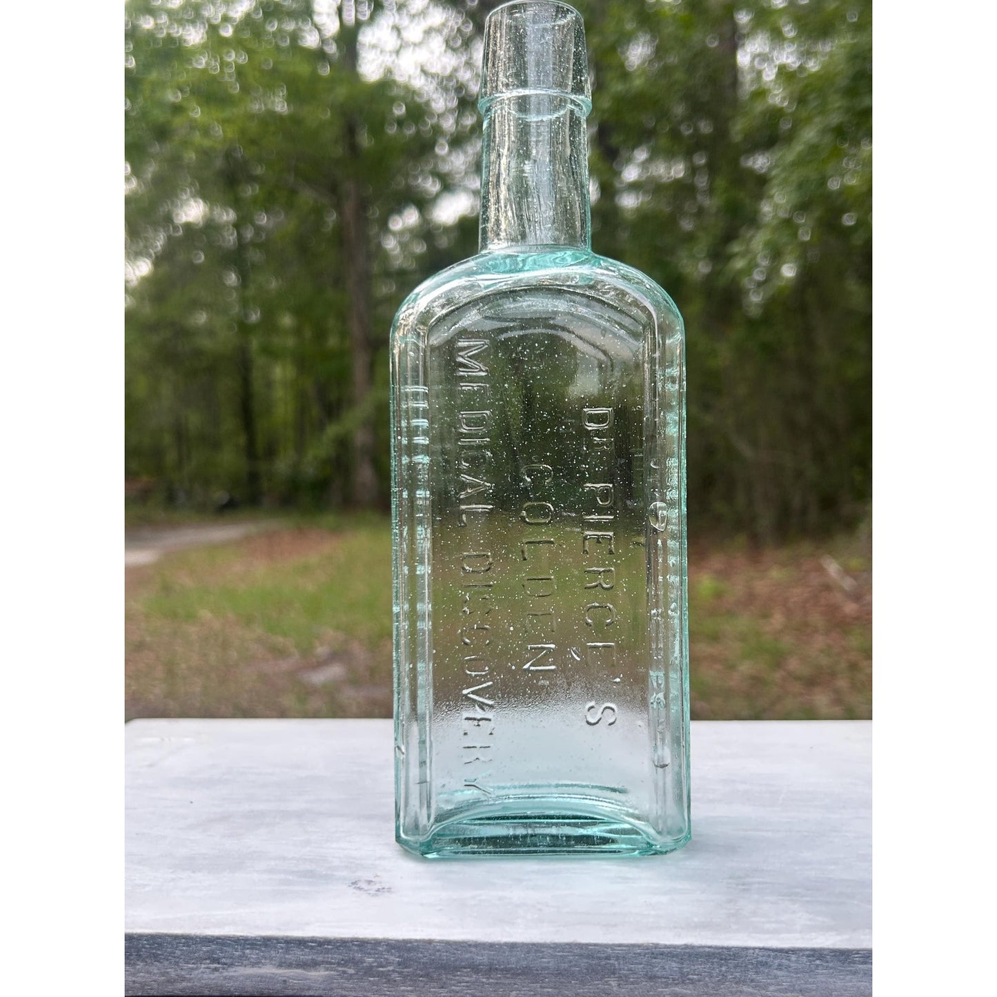 Antique Dr Pierce Golden Medical Discovery Applied Top Aqua Hand Blown Patent Medicine Bottle Buffalo NY 1880s Seed Bubbles