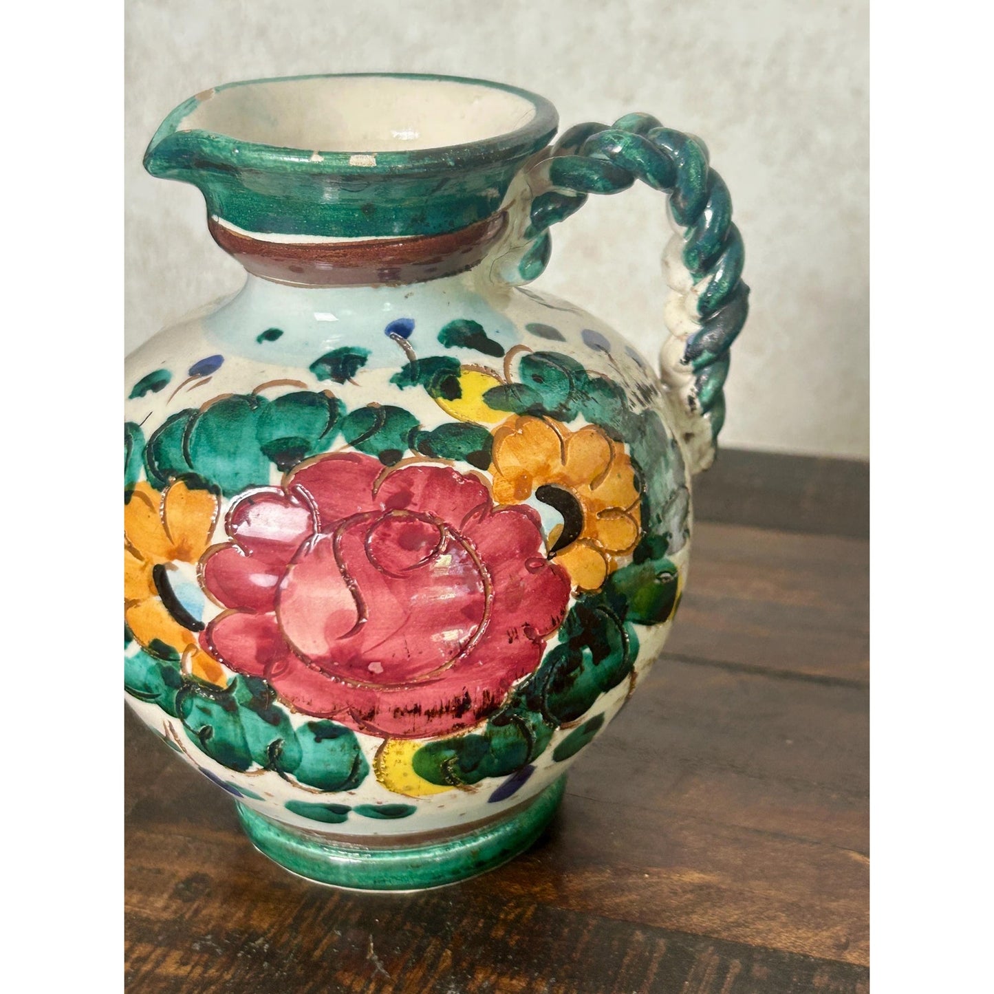 Vintage Hand Painted Spanish Majolica Talavera Style Faience Pitcher Twisted Handle Floral Jug