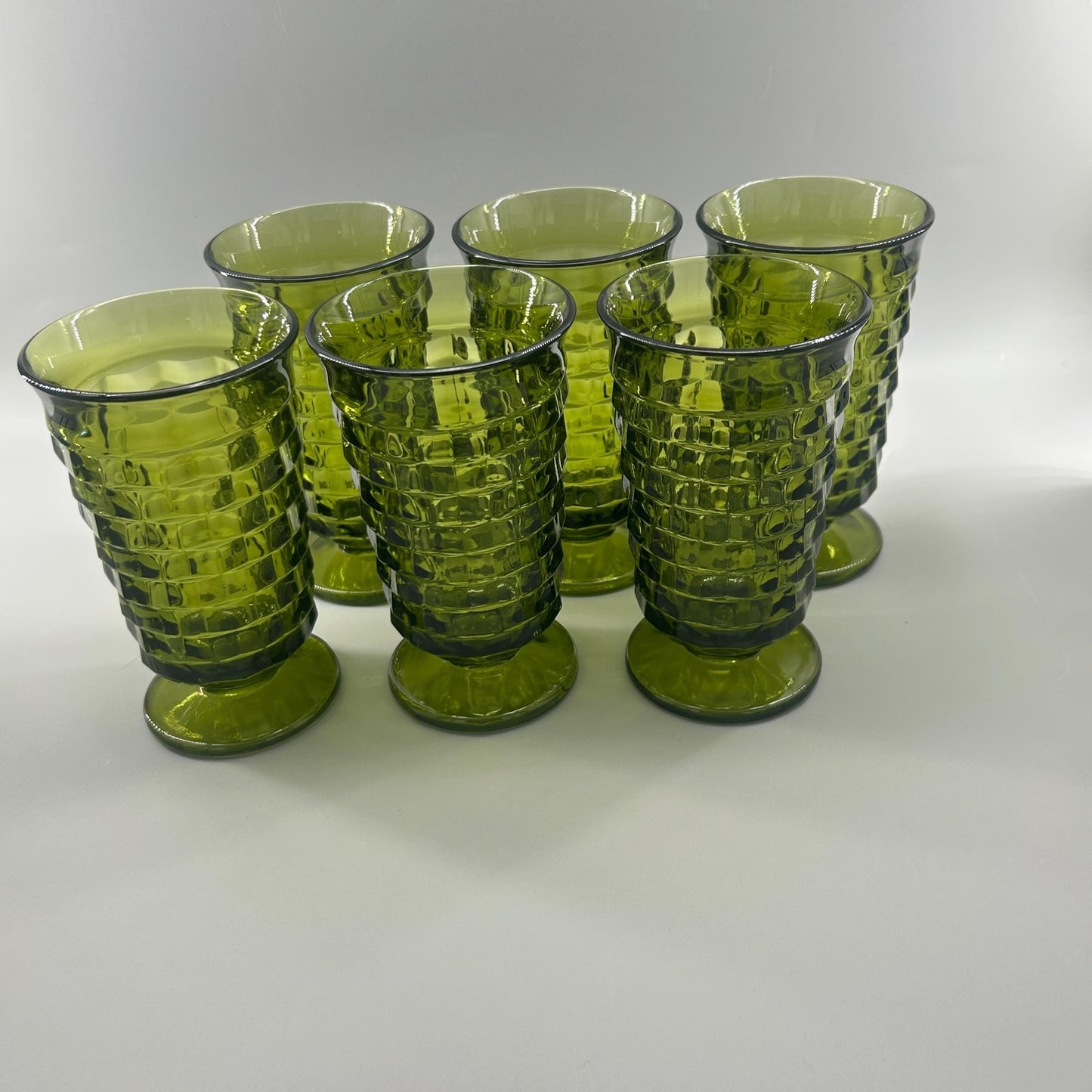 Vintage Indiana Glass Whitehall Cube Tumblers Set of 6 Avocado Green Footed Glasses Mid Century Barware Retro Drinkware