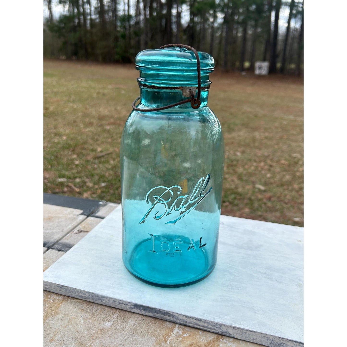 Ball Ideal Aqua Glass Mason Jar w/ Wire Bail Rustic Farmhouse Decor
