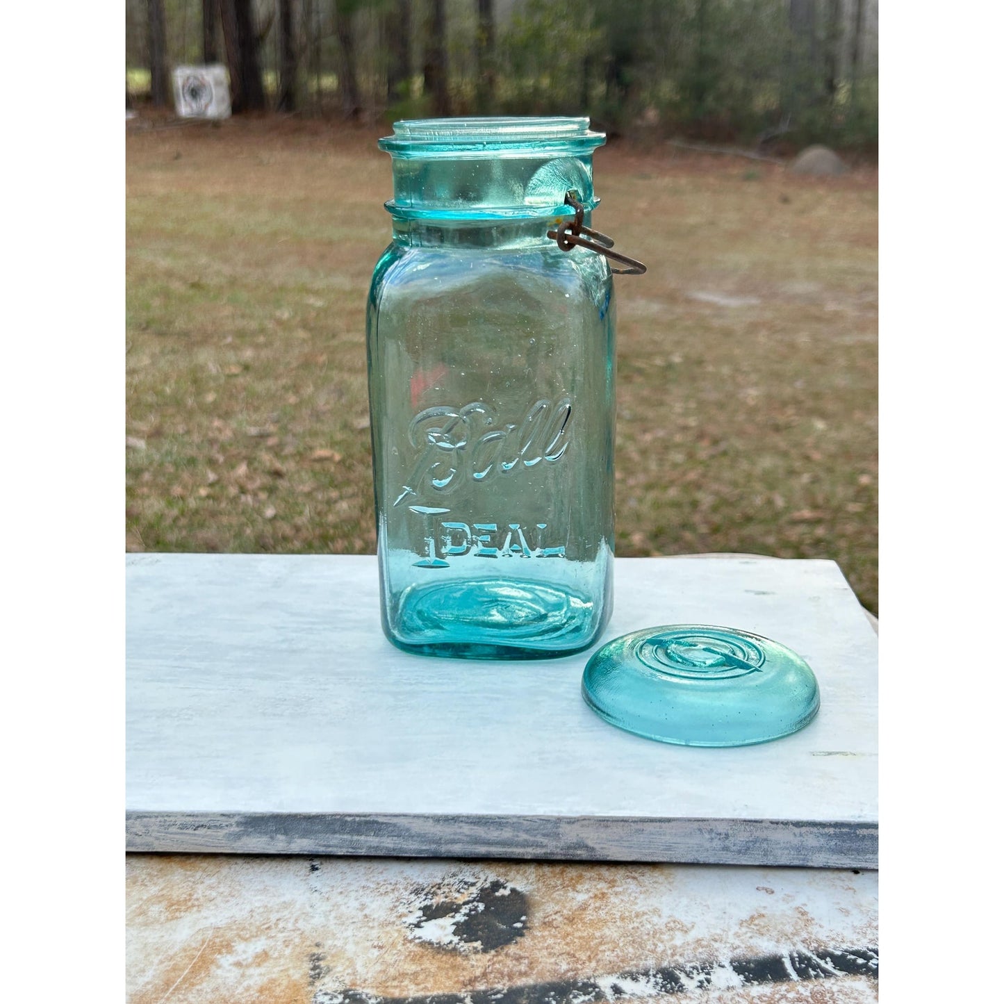 Ball Ideal Square Aqua Glass Mason Jar w/ Wire Bail & Glass Lid