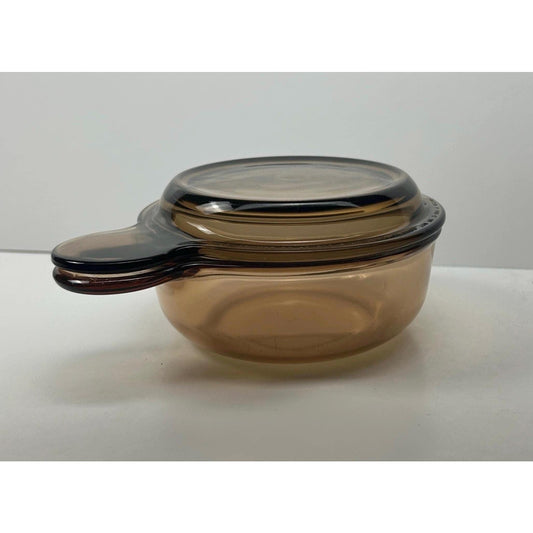 Vintage Vision Corningware Amber Grab-It Bowl V-150-B with Pyrex P-150-C Lid • 1.5 Cup Saucepan • Visionware Glass Cookware USA rare MCM