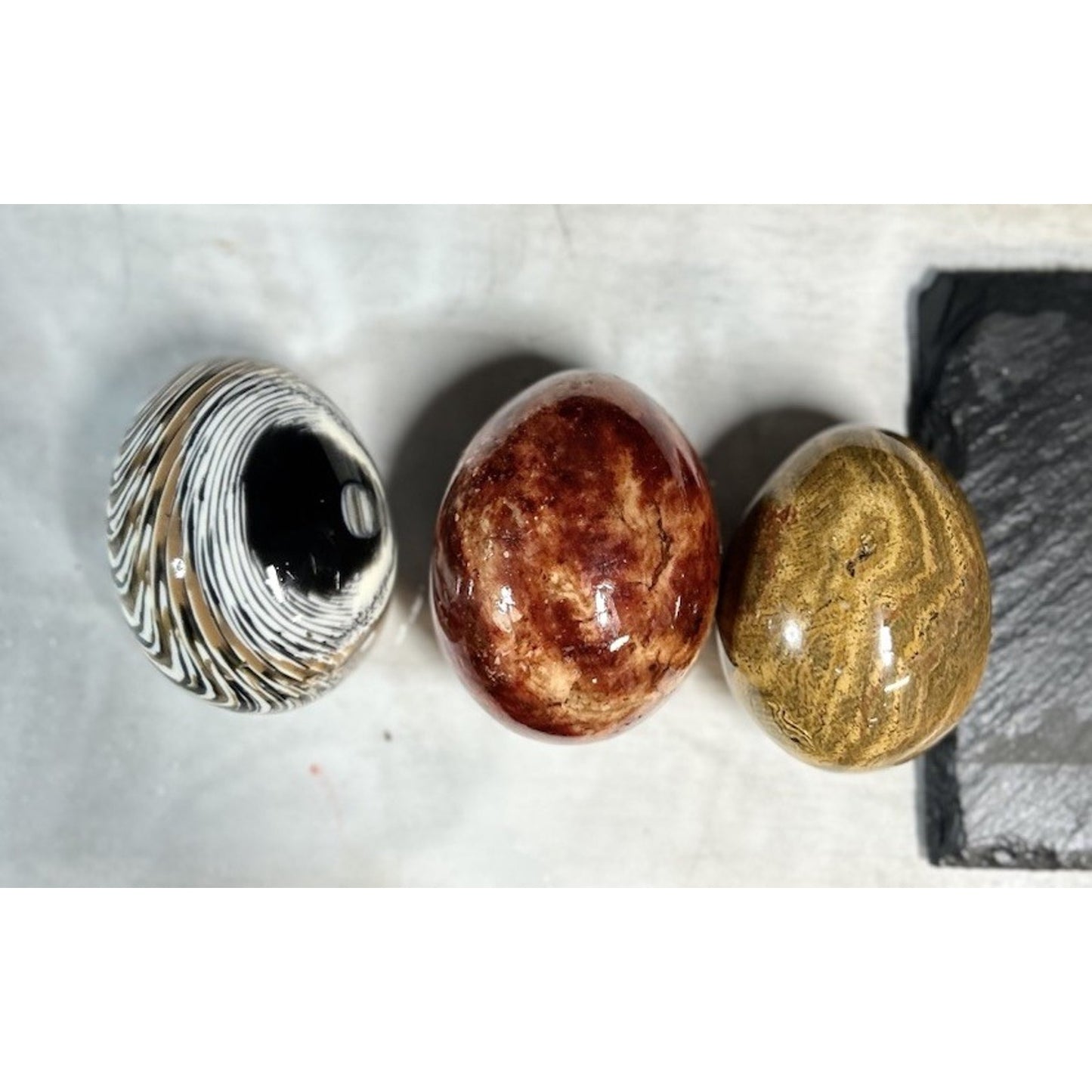 Set of 3 Polished Gemstone Eggs | Red Jasper, Yellow Jasper & Banded Agate | Healing Crystals, Mineral Decor, Collector Gift. STUNNING decor