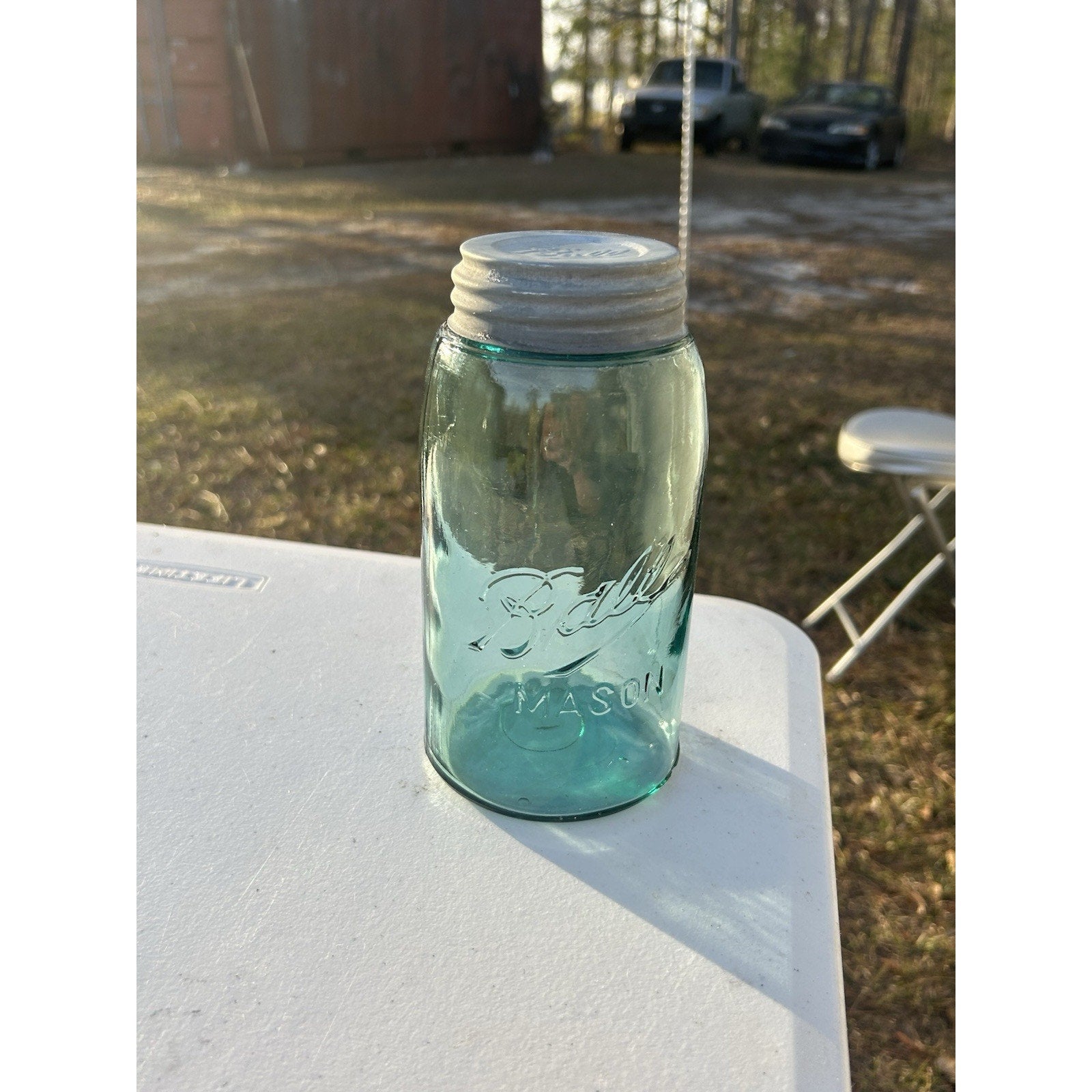 Ball Triple L blue quart mason jar back view overall