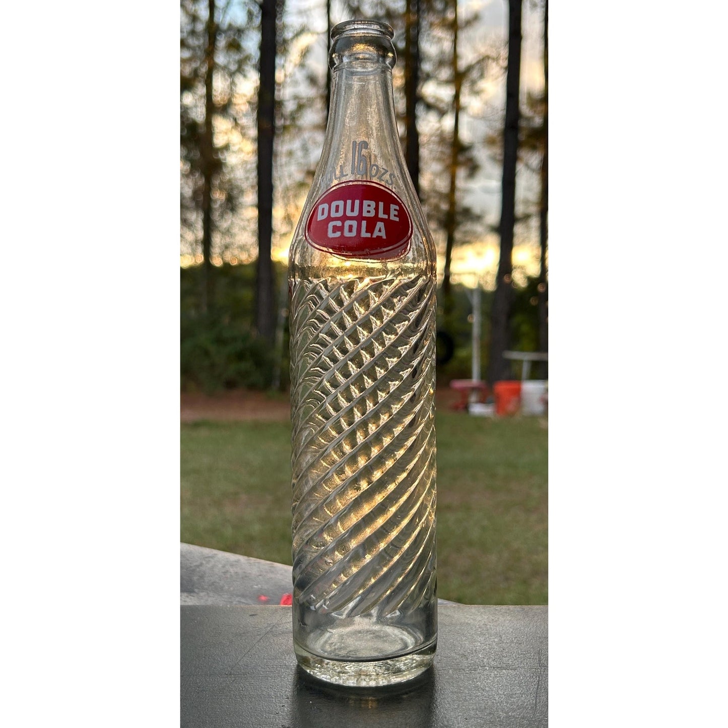 Vintage Double Cola 16 oz Swirl Glass Soda Bottle – Red & White ACL Label – Spiral Design – Mid Century Soda Pop Collectible Advertising.
