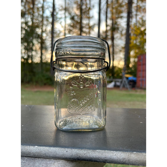 Vintage 1930s–1950s Queen Wide Mouth Square Glass Canning Jar with Wire Bail Lid – Dominion Glass Canada Antique Farmhouse Kitchen Storage