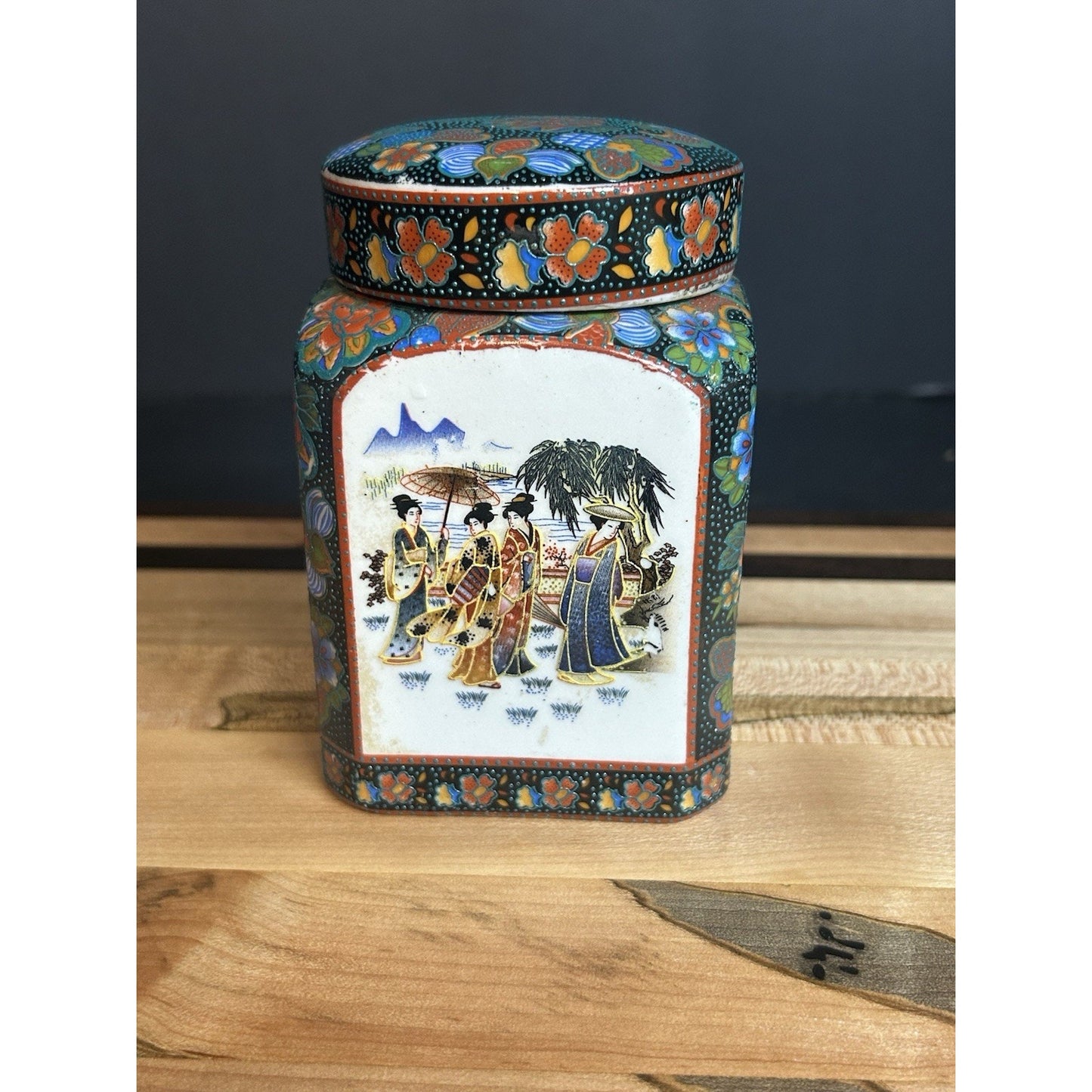Antique Chinese Canton Enamel Tea Caddy & Trinket Box — Floral Scenes — Hand-Painted