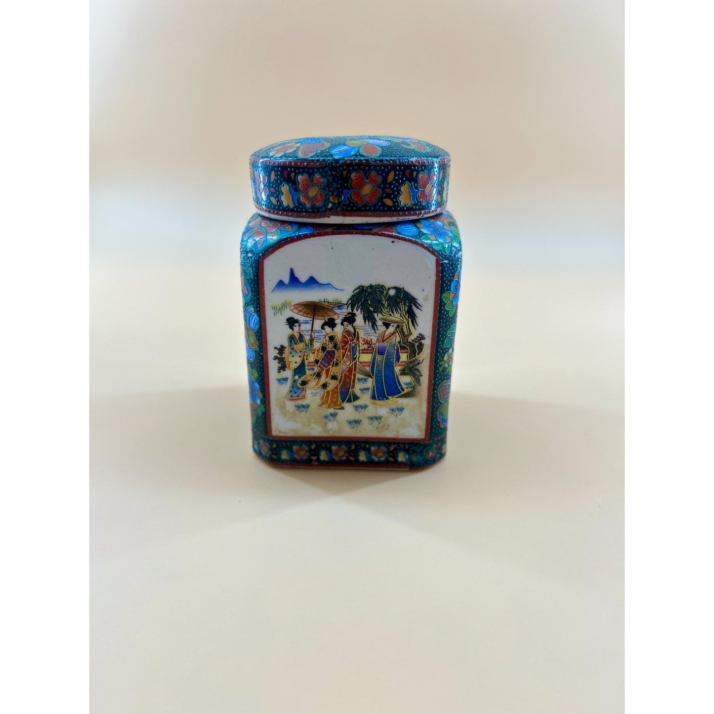 Vintage Japanese Kutani Ginger Jar w/ Geisha Scene Floral Enamel Lidded